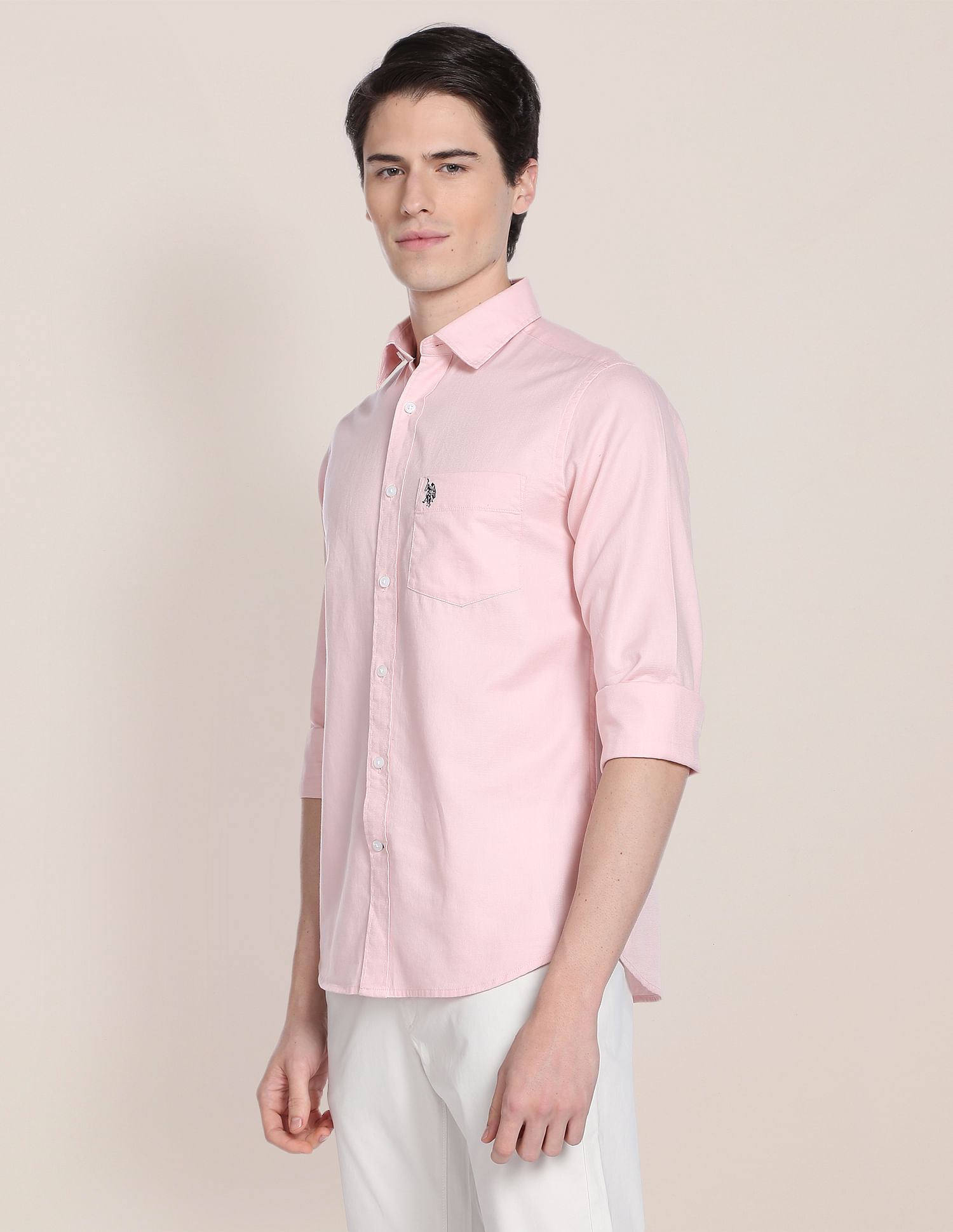 Birdseye Dobby Textured Solid Shirt Light Pink - U.S. Polo Assn. India | Large