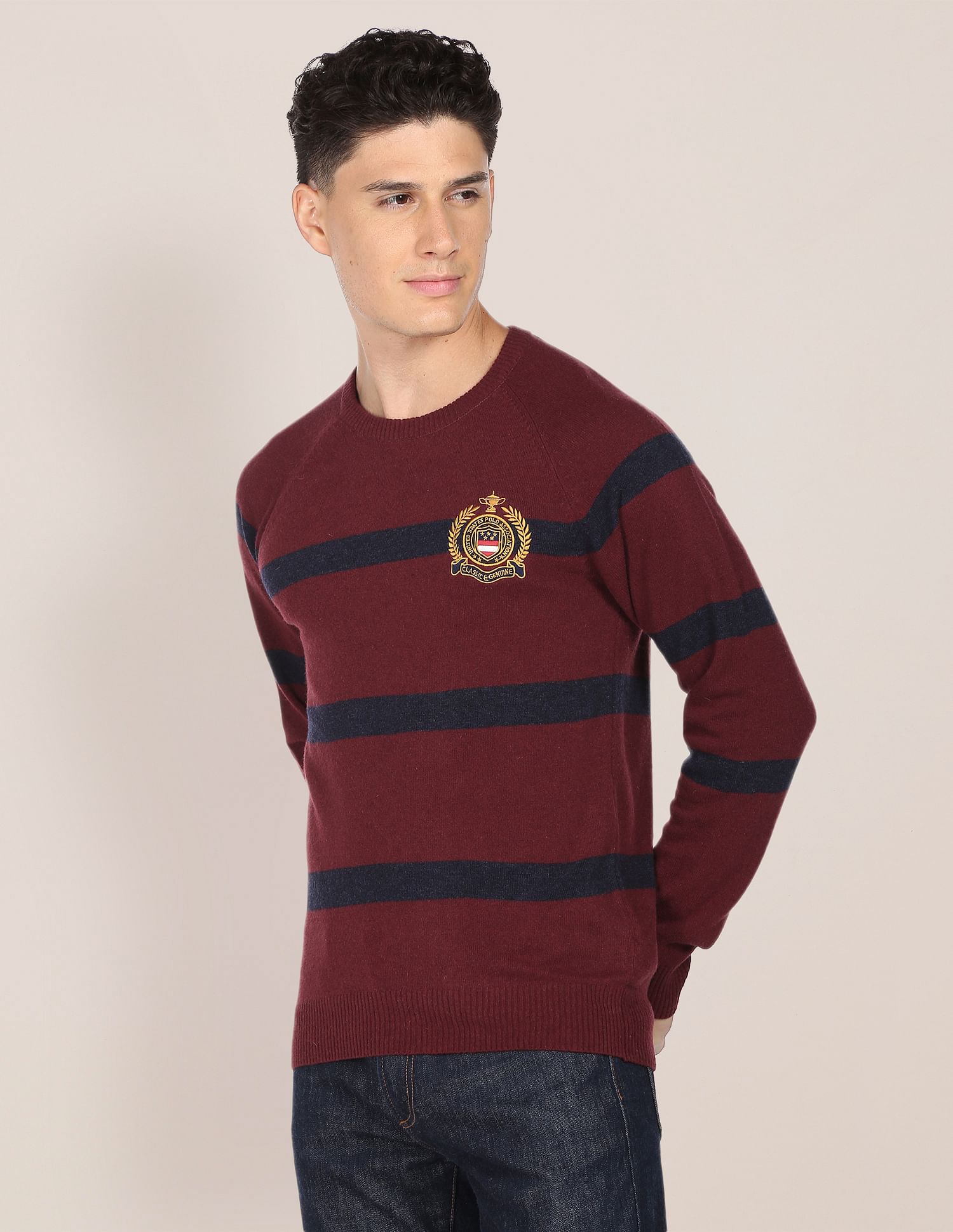 Crew Neck Horizontal Stripe Sweater Maroon - U.S. Polo Assn. India | Large