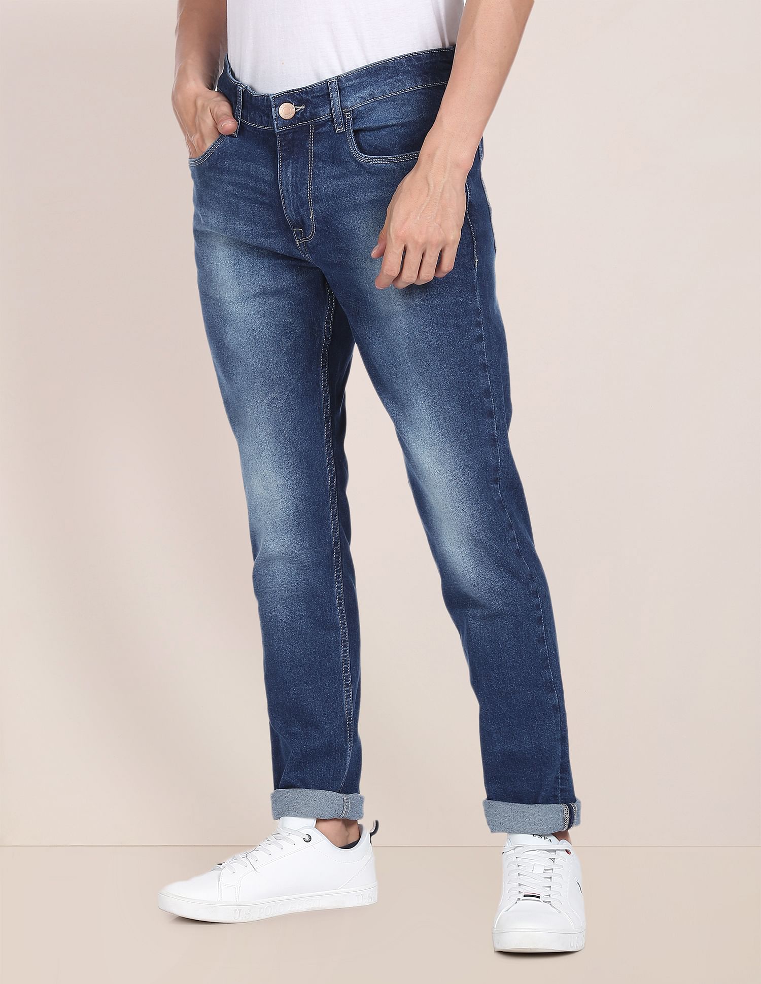 Men Blue Brandon Slim Tapered Fit Stone Wash Jeans Blue - U.S. POLO ASSN. | Large