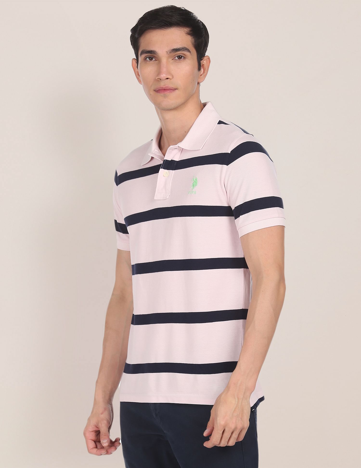 Ribbed Collar Striped Polo Shirt Light Pink - U.S. Polo Assn. India | Large