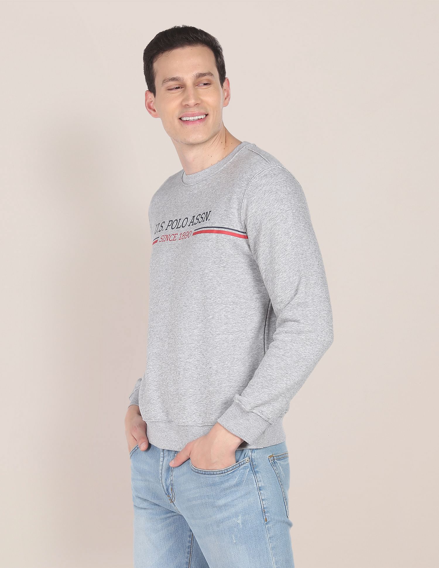 Crew Neck Heathered Typography Print Sweatshirt Grey - U.S. Polo Assn. India | Large
