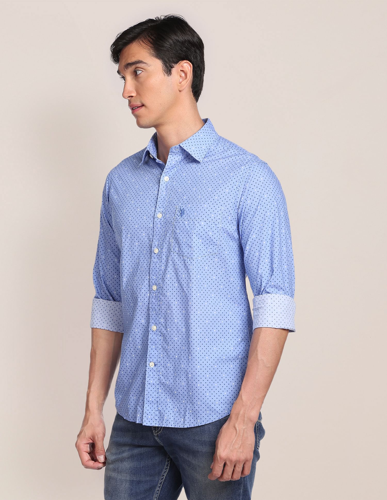 Spread Collar Printed Casual Shirt Light Blue - U.S. POLO ASSN. | Large