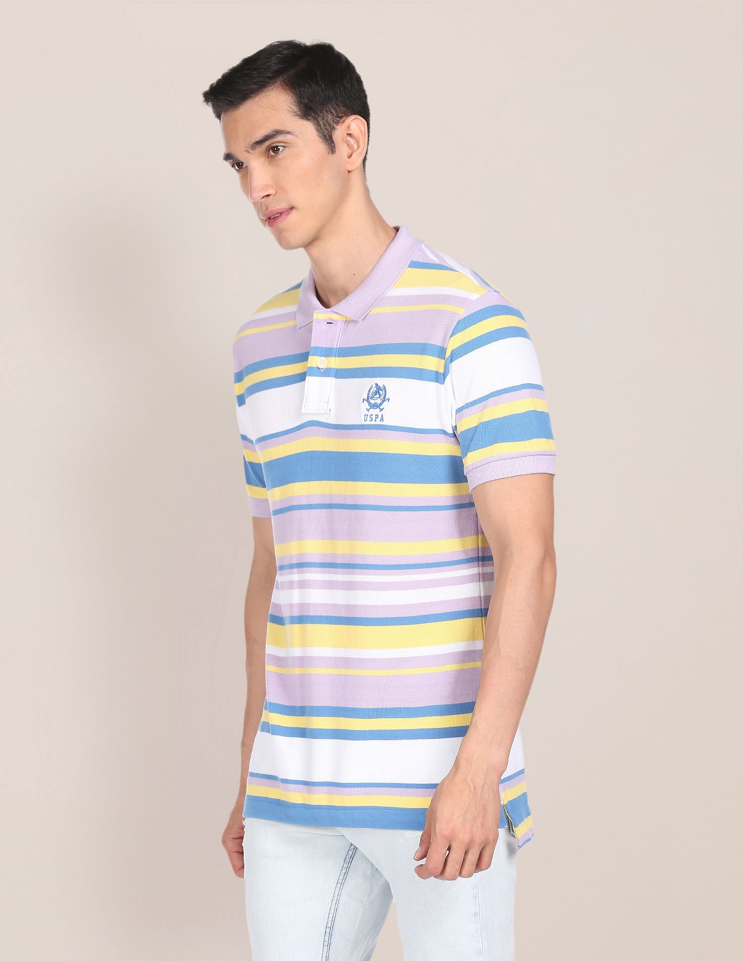 Men Light Purple Cotton Striped Logo Polo Shirt Light Purple - U.S. POLO ASSN. | Large