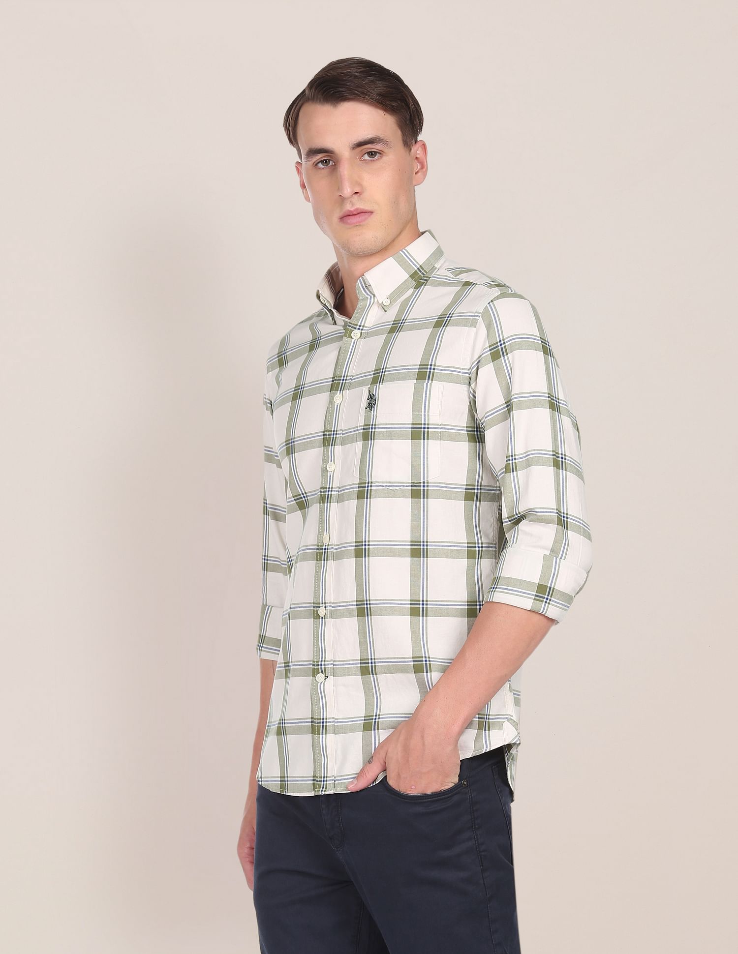 Men White and Green Cotton Plaid Check Casual Shirt White and Green - U.S. Polo Assn. India | Large