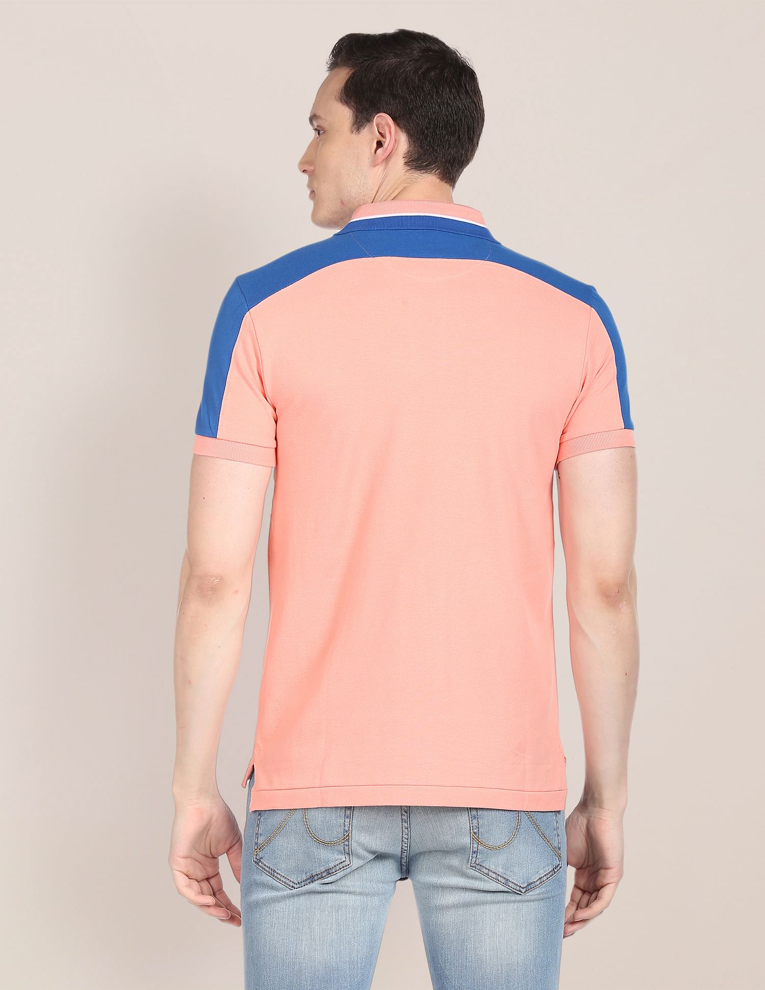 Colour Block Cotton Pique Polo Shirt Peach and Blue - U.S. POLO ASSN. | Large