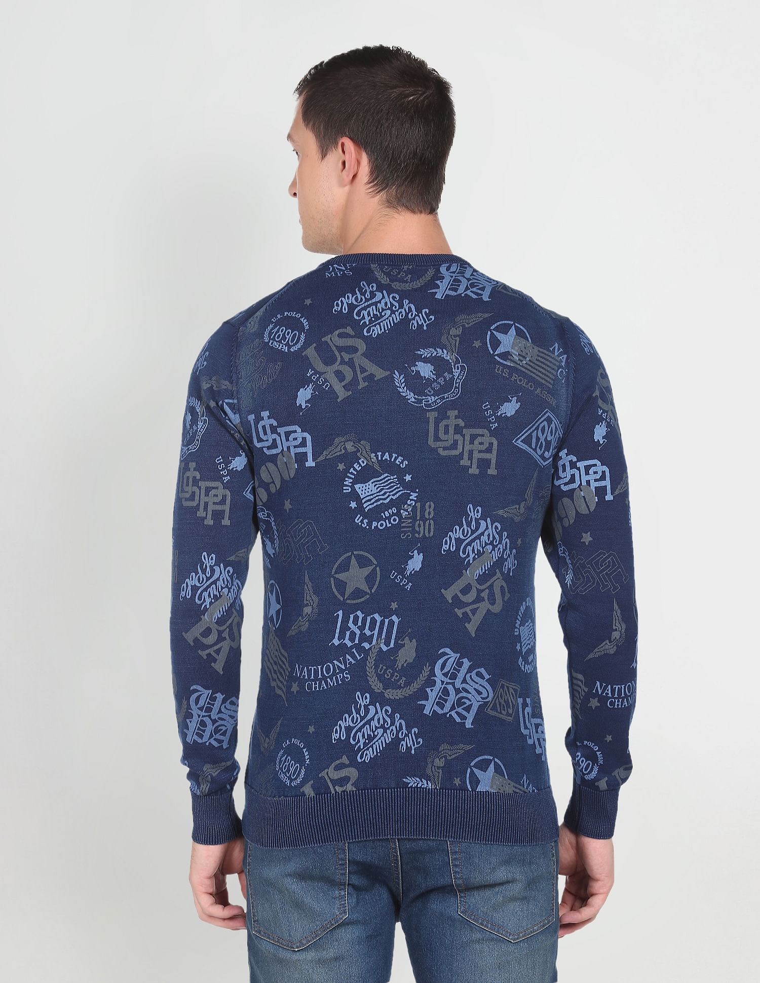 Heathered Brand Print Cotton Sweater Dark Blue - U.S. POLO ASSN. | Large