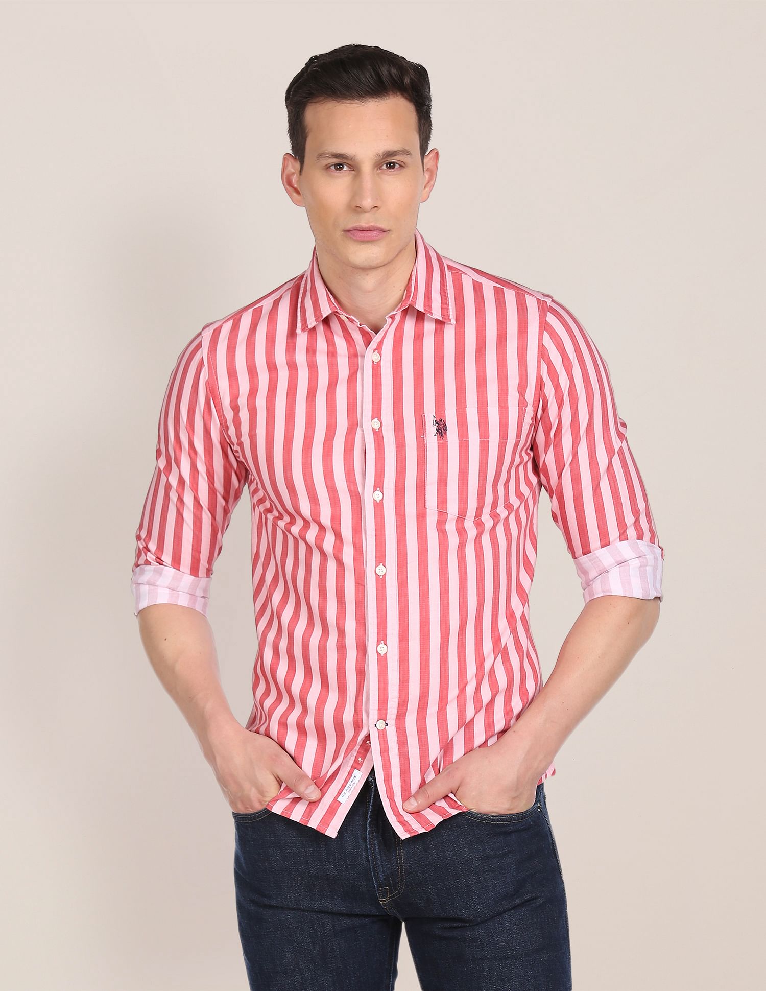 Rounded Cuff Striped Casual Shirt Pink - U.S. POLO ASSN. | Large