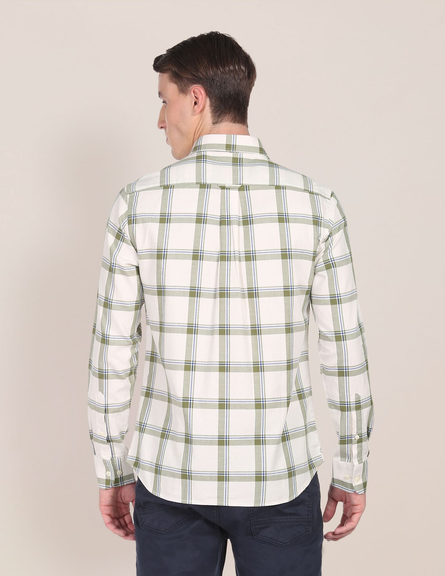 Men White and Green Cotton Plaid Check Casual Shirt White and Green - U.S. Polo Assn. India | Large