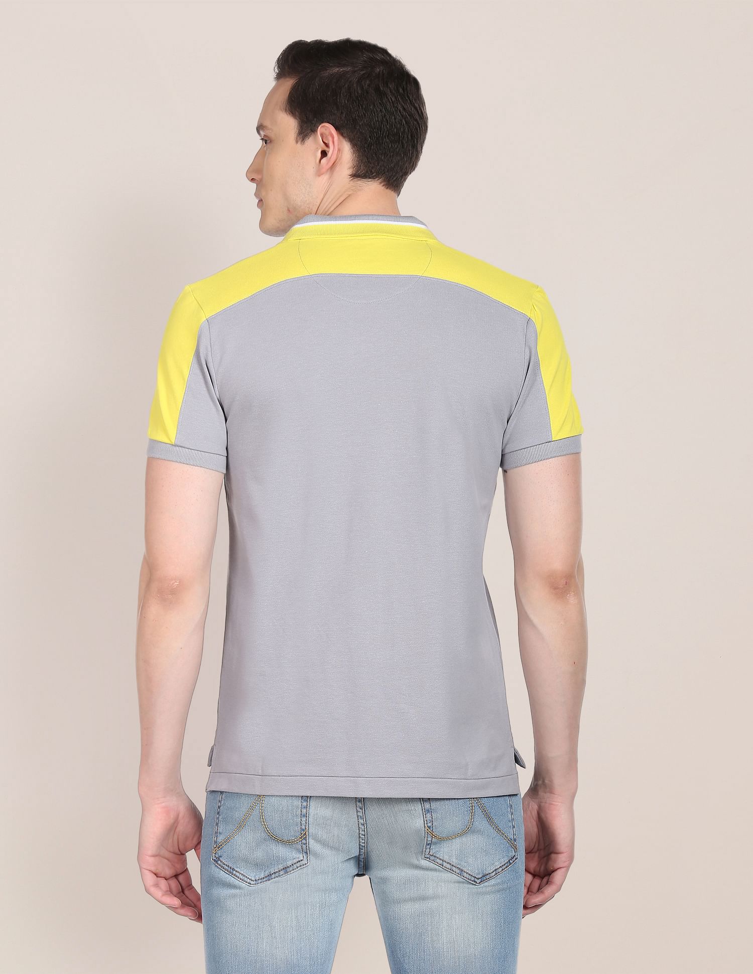 Colour Block Cotton Polo Shirt Grey and Yellow - U.S. Polo Assn. India | Large