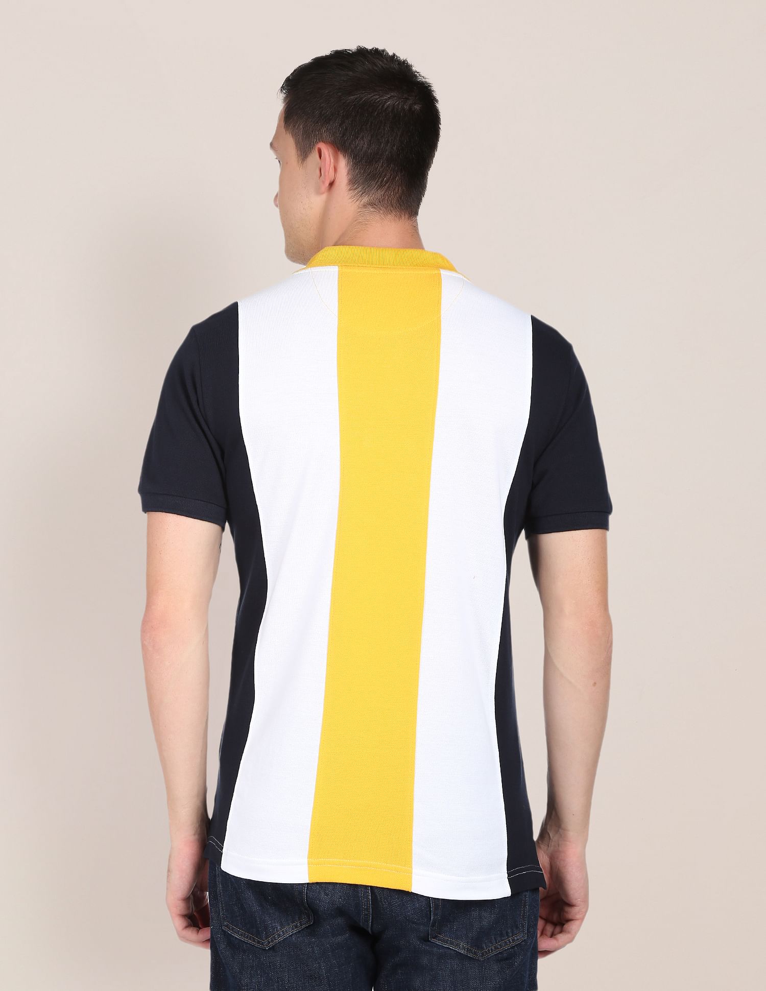 Men Yellow And White Colour Block Cotton Polo Shirt Yellow and White - U.S. Polo Assn. India | Large