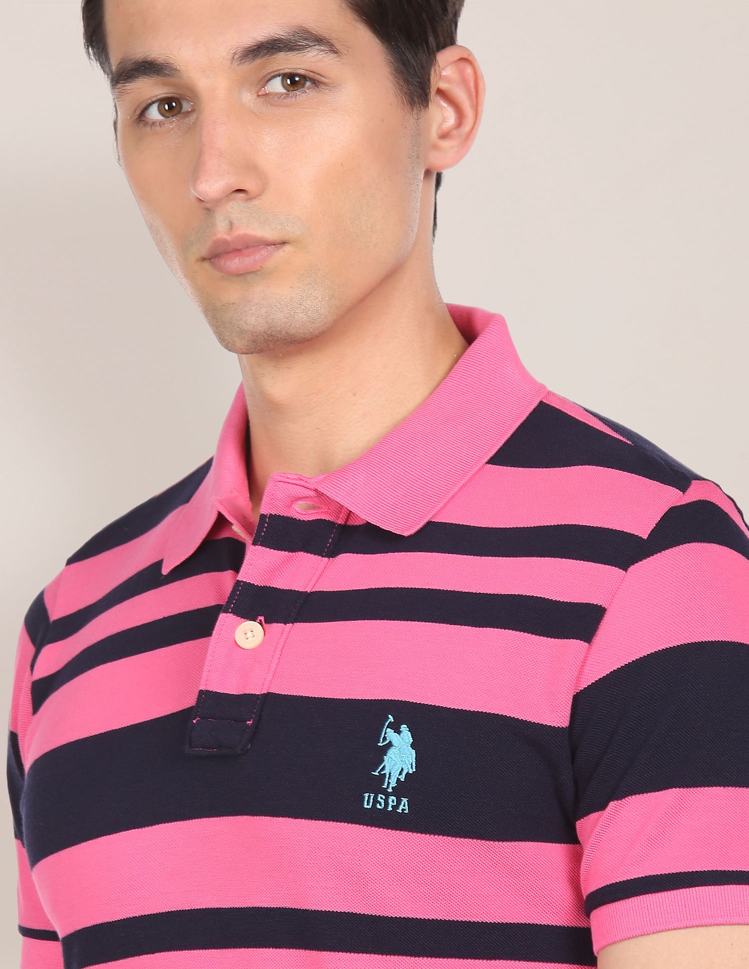Ribbed Collar Striped Polo Shirt Pink and Navy - U.S. Polo Assn. India | Large