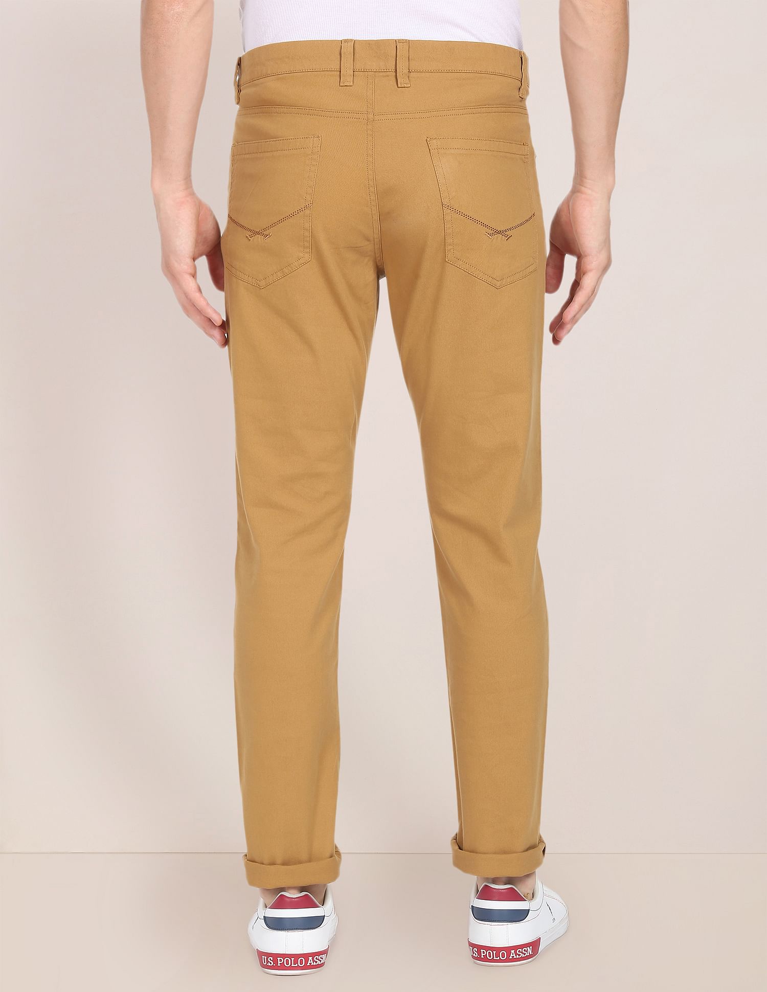 Solid Twill Casual Trousers Khaki - U.S. Polo Assn. India | Large