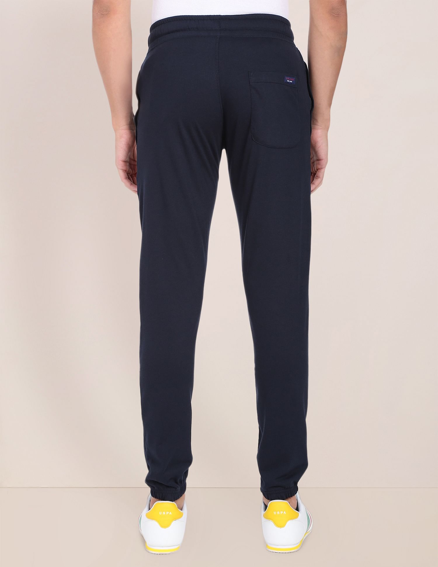 Men Black Drawstring Waist Brand Print Joggers Navy - U.S. Polo Assn. India | Large