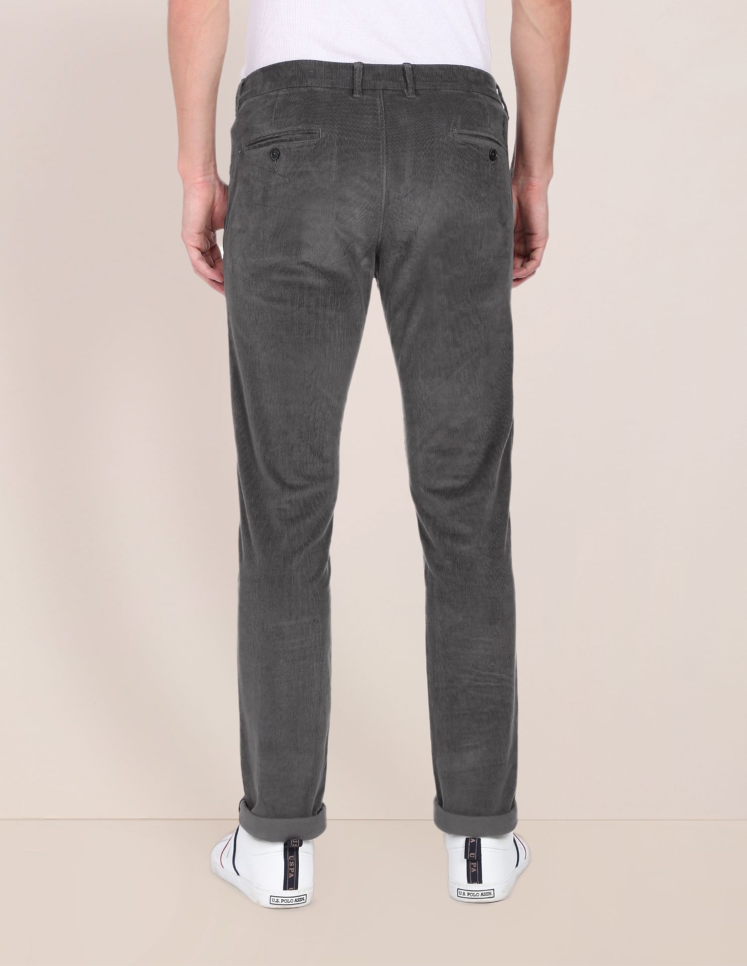 Men Dark Grey Corduroy Weave Denver Slim Fit Casual Trousers Dark Grey - U.S. Polo Assn. India | Large