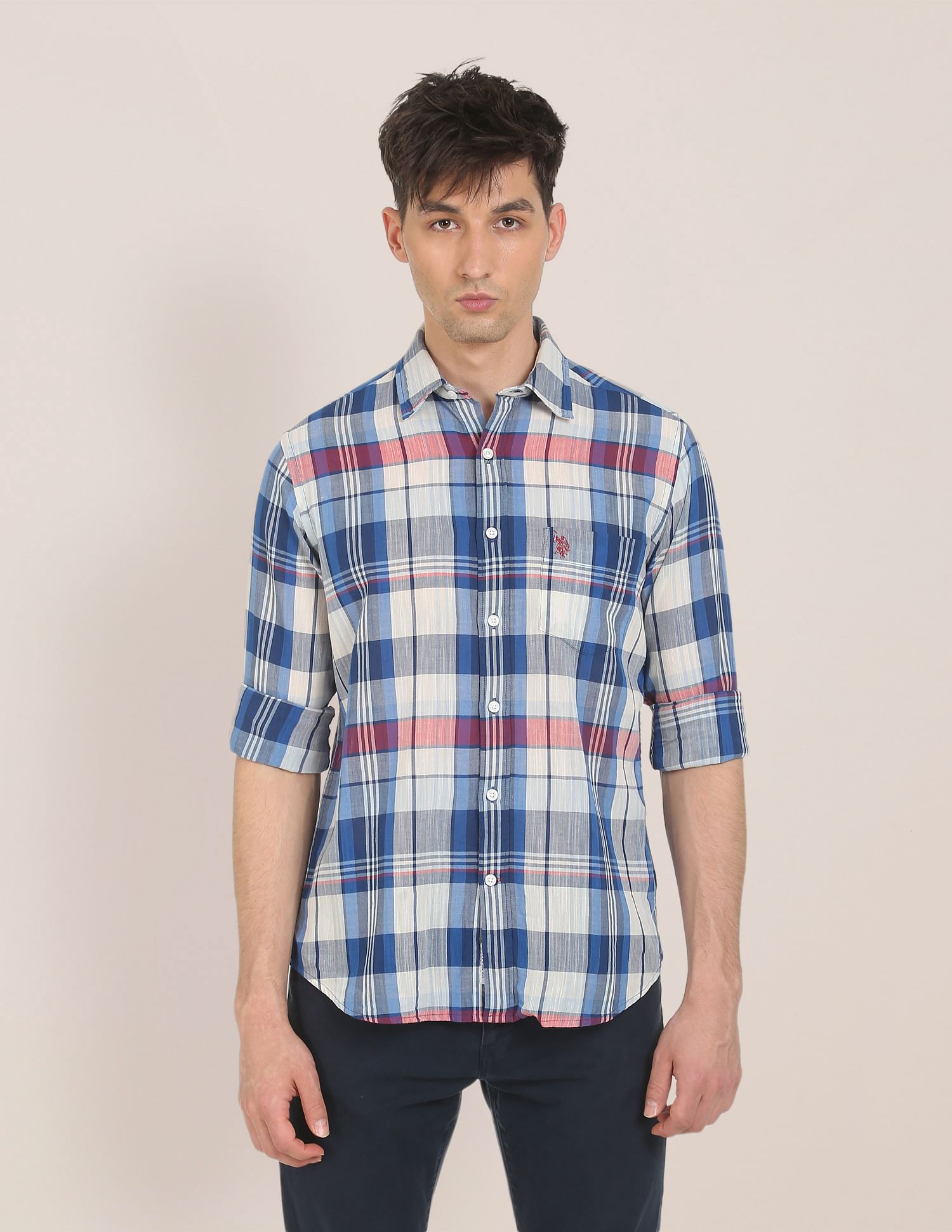 Men Blue Spread Collar Check Casual Shirt Blue - U.S. POLO ASSN. | Large