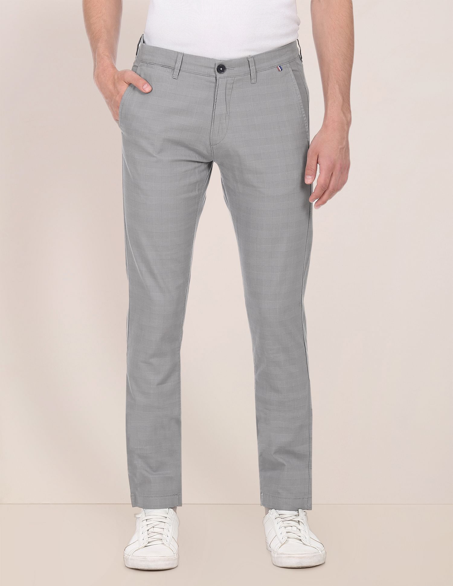 Men Grey Austin Trim Regular Fit Woven Check Casual Trousers Grey - U.S. POLO ASSN. | Large