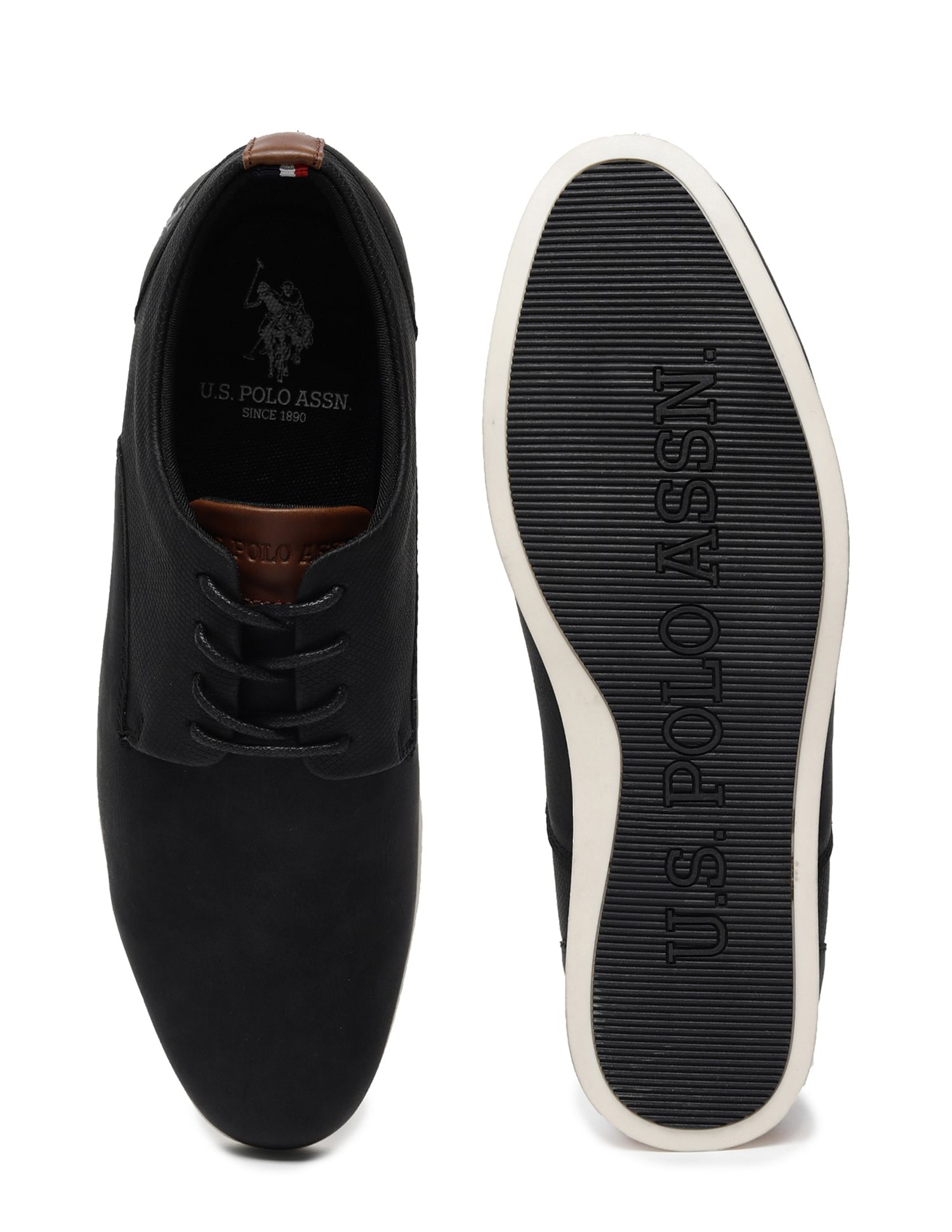 Men Clest Round Toe Solid Panelled PU Shoes Black - U.S. Polo Assn. India | Large