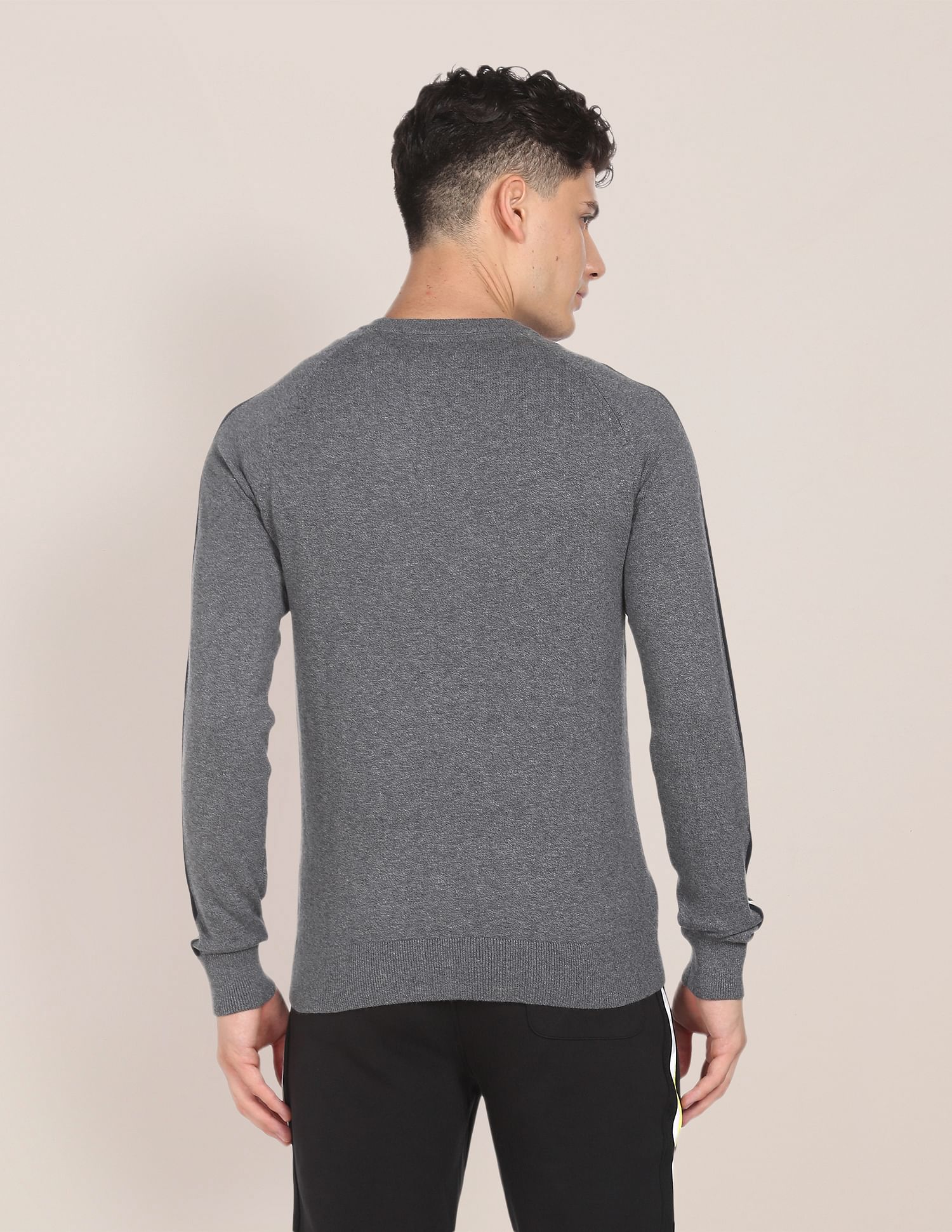 Striped Sleeve Heathered Sweater Grey - U.S. Polo Assn. India | Large