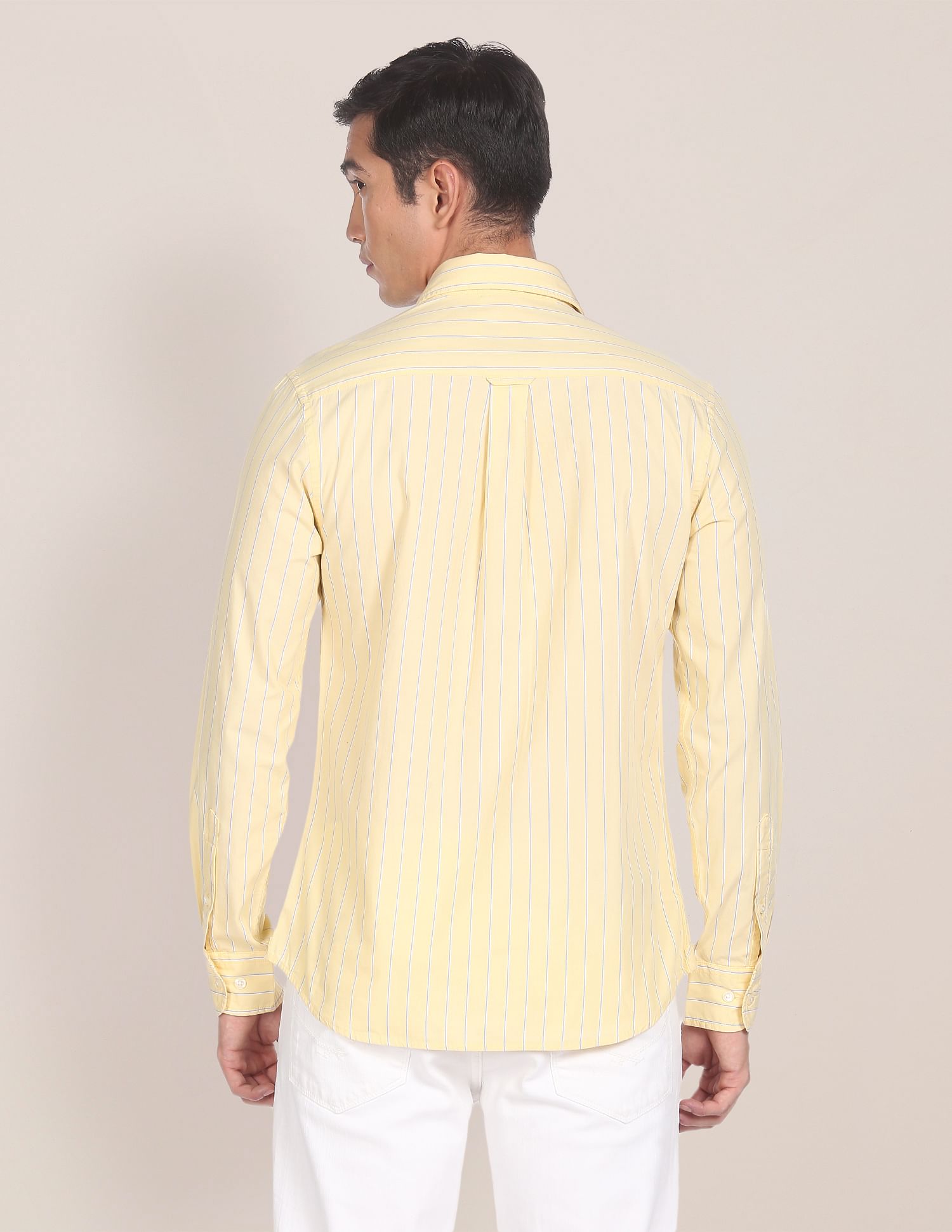 Men Light Yellow Pure Cotton Striped Casual Shirt Light Yellow - U.S. POLO ASSN. | Large