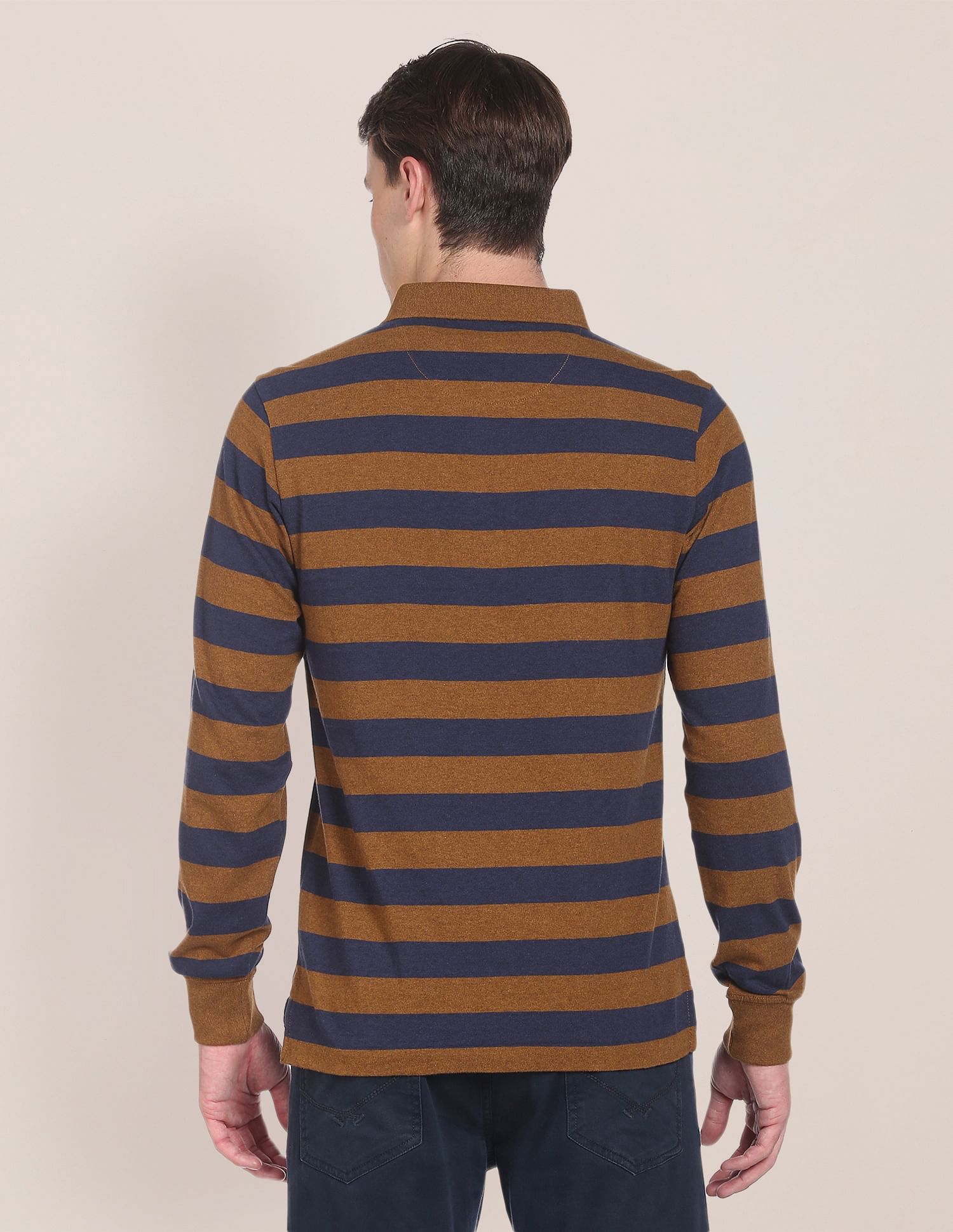 Long Sleeve Horizontal Stripe Polo Shirt Ochre and Navy - U.S. Polo Assn. India | Large