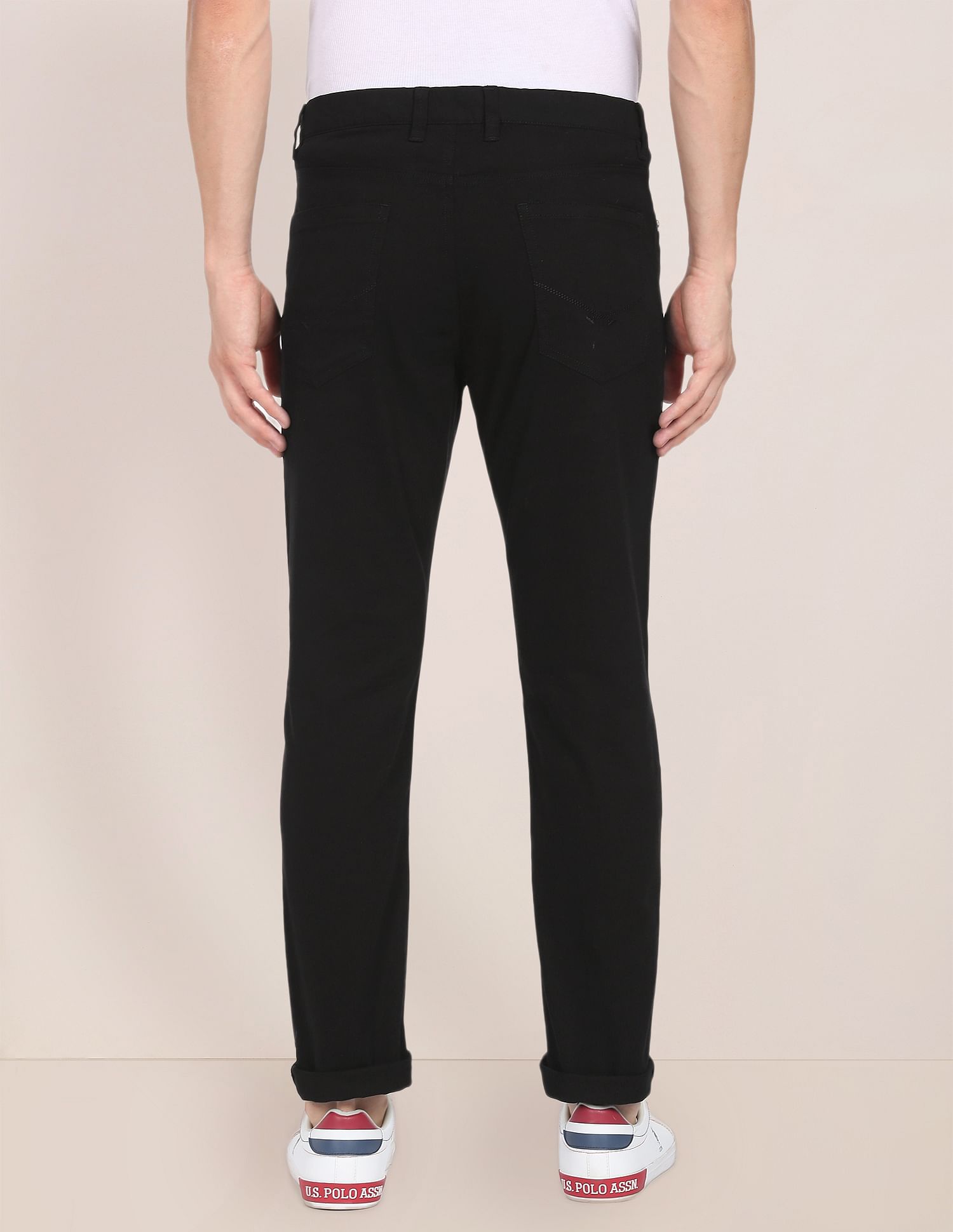 Men Black Solid Twill Casual Trousers Black - U.S. POLO ASSN. | Large