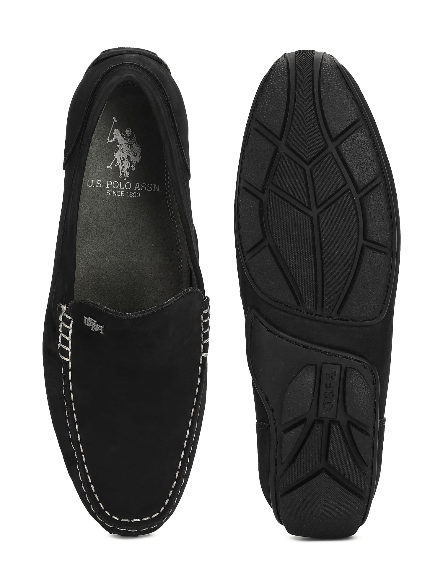 Men Contrast Stitch Leather Jabbar Loafers Black - U.S. Polo Assn. India | Large