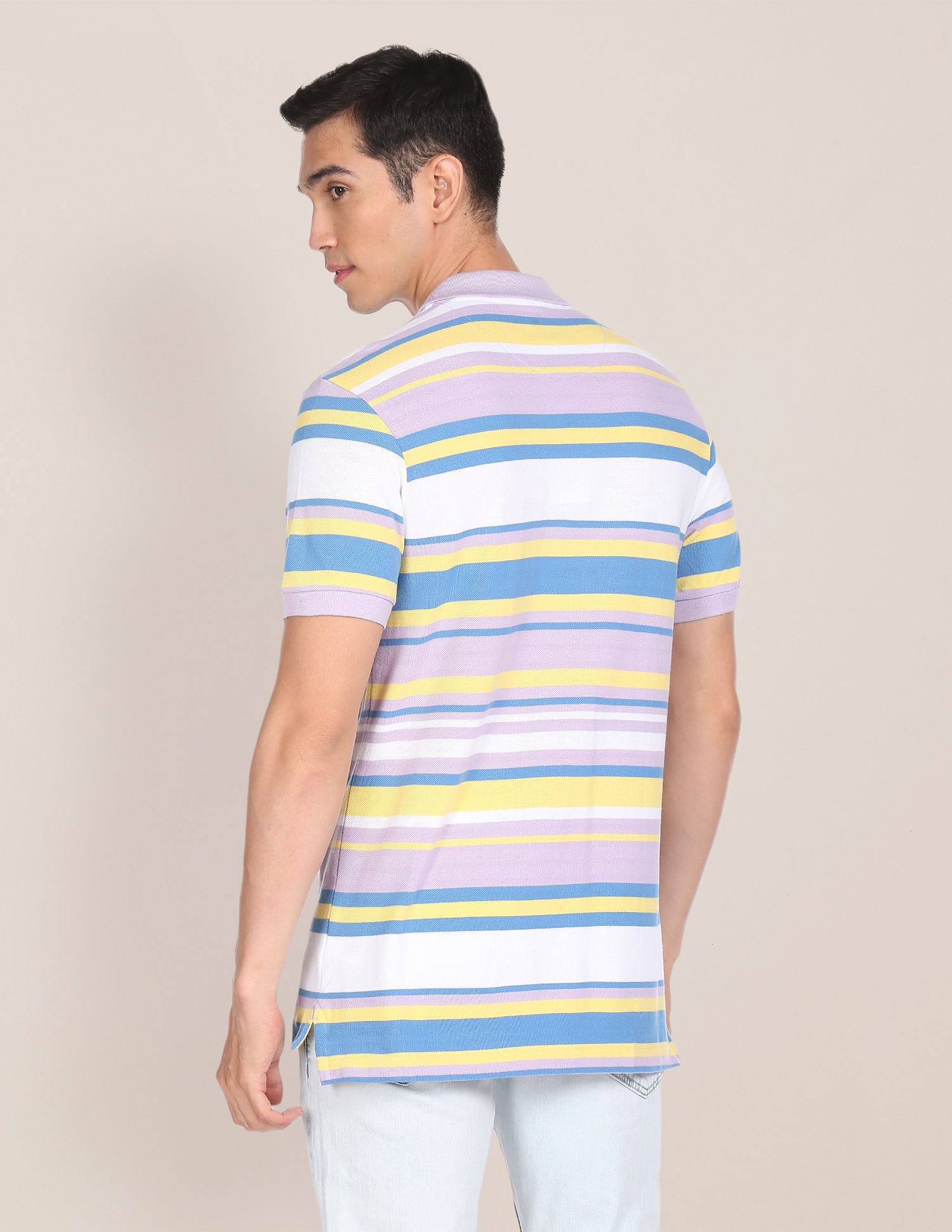 Men Light Purple Cotton Striped Logo Polo Shirt Light Purple - U.S. POLO ASSN. | Large