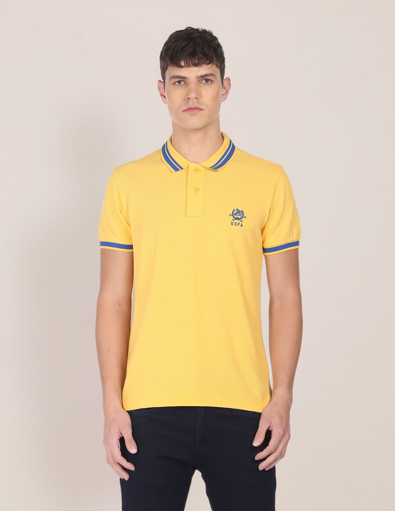 Striped Collar Cotton Polo Shirt Yellow - U.S. Polo Assn. India | Large