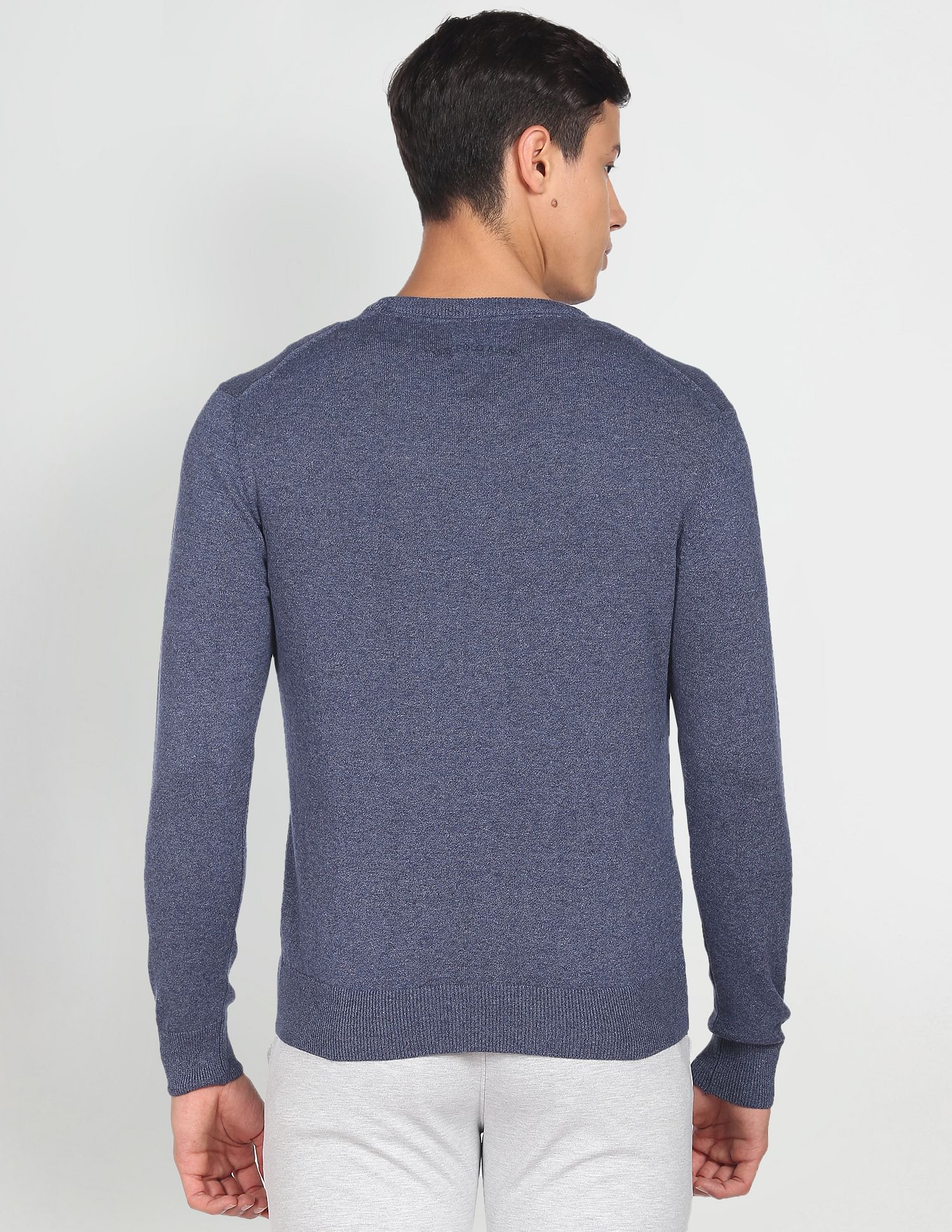 Men Blue Crew Neck Brand Print Heathered Sweater Blue - U.S. POLO ASSN. | Large