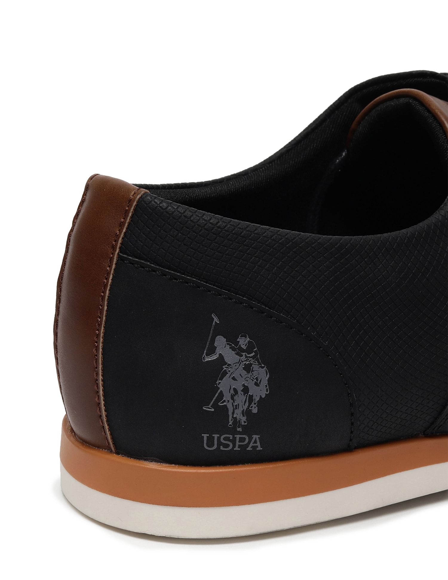 Men Clest Round Toe Solid Panelled PU Shoes Black - U.S. Polo Assn. India | Large