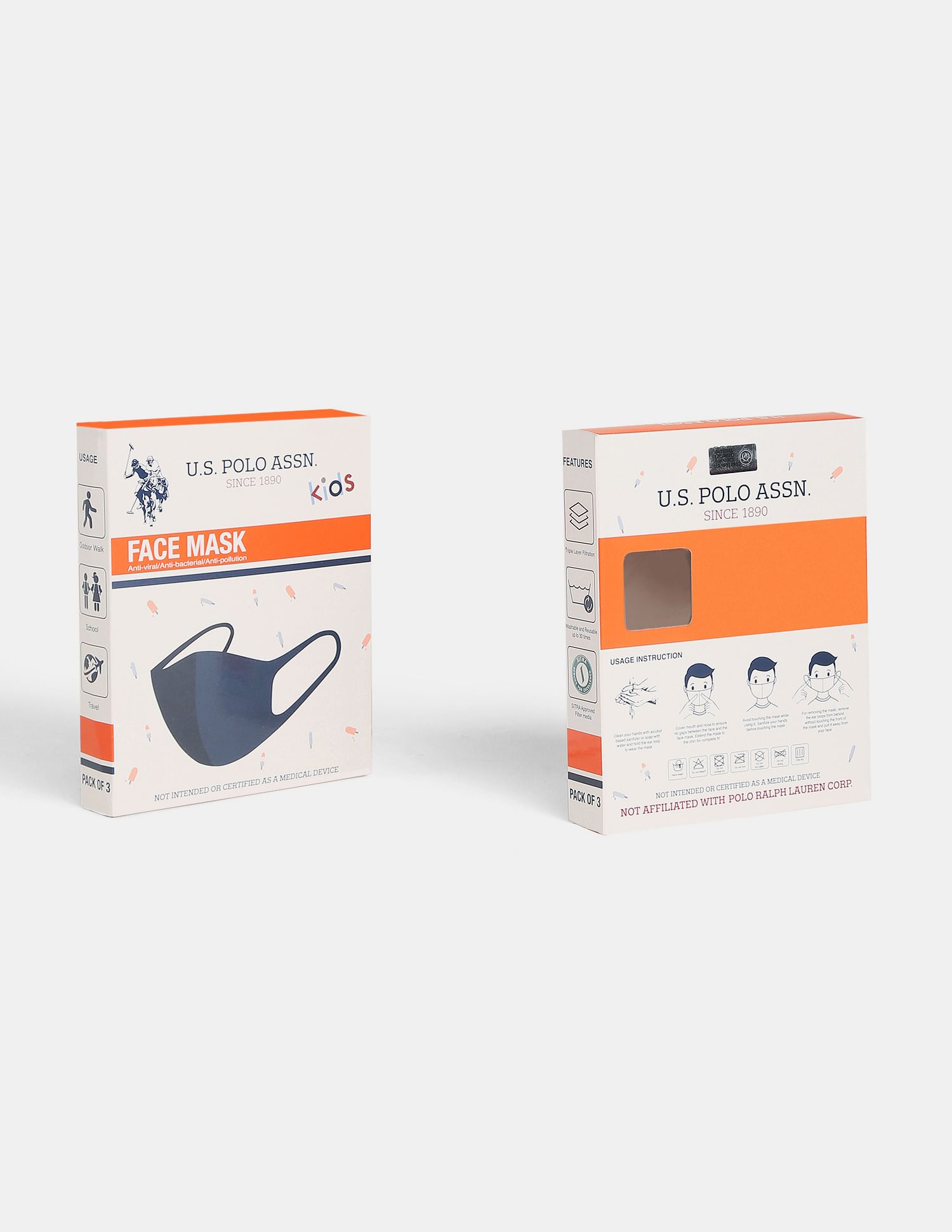 Unisex Kids Triple Layer Antiviral Outdoor Face Masks - Pack Of 3 Red - U.S. POLO ASSN. | Large