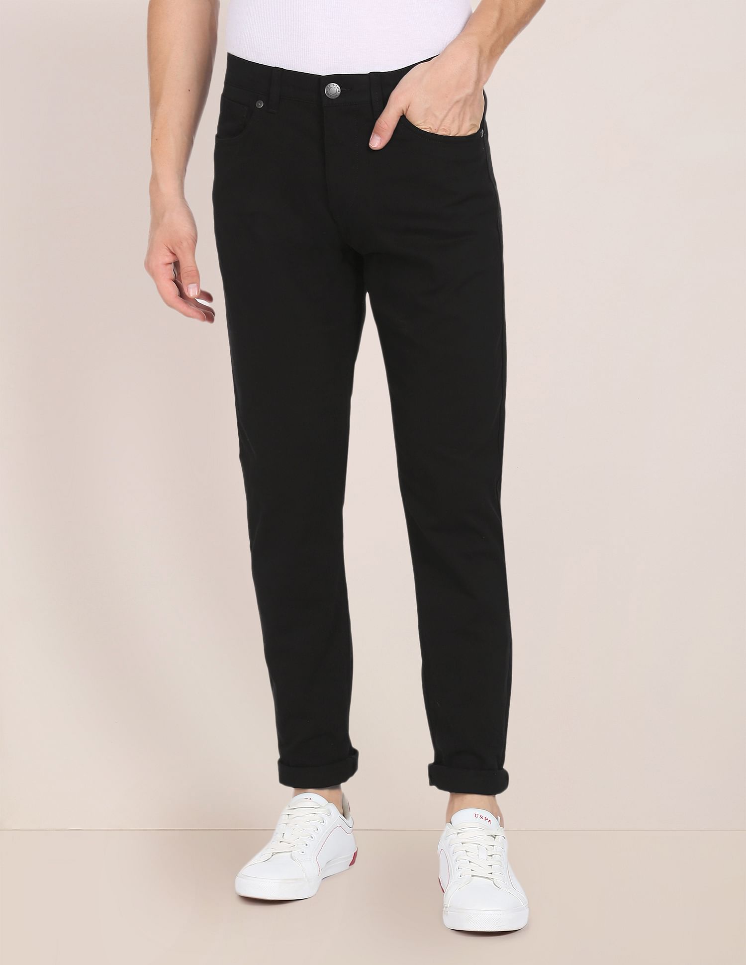 Men Black Solid Twill Casual Trousers Black - U.S. POLO ASSN. | Large