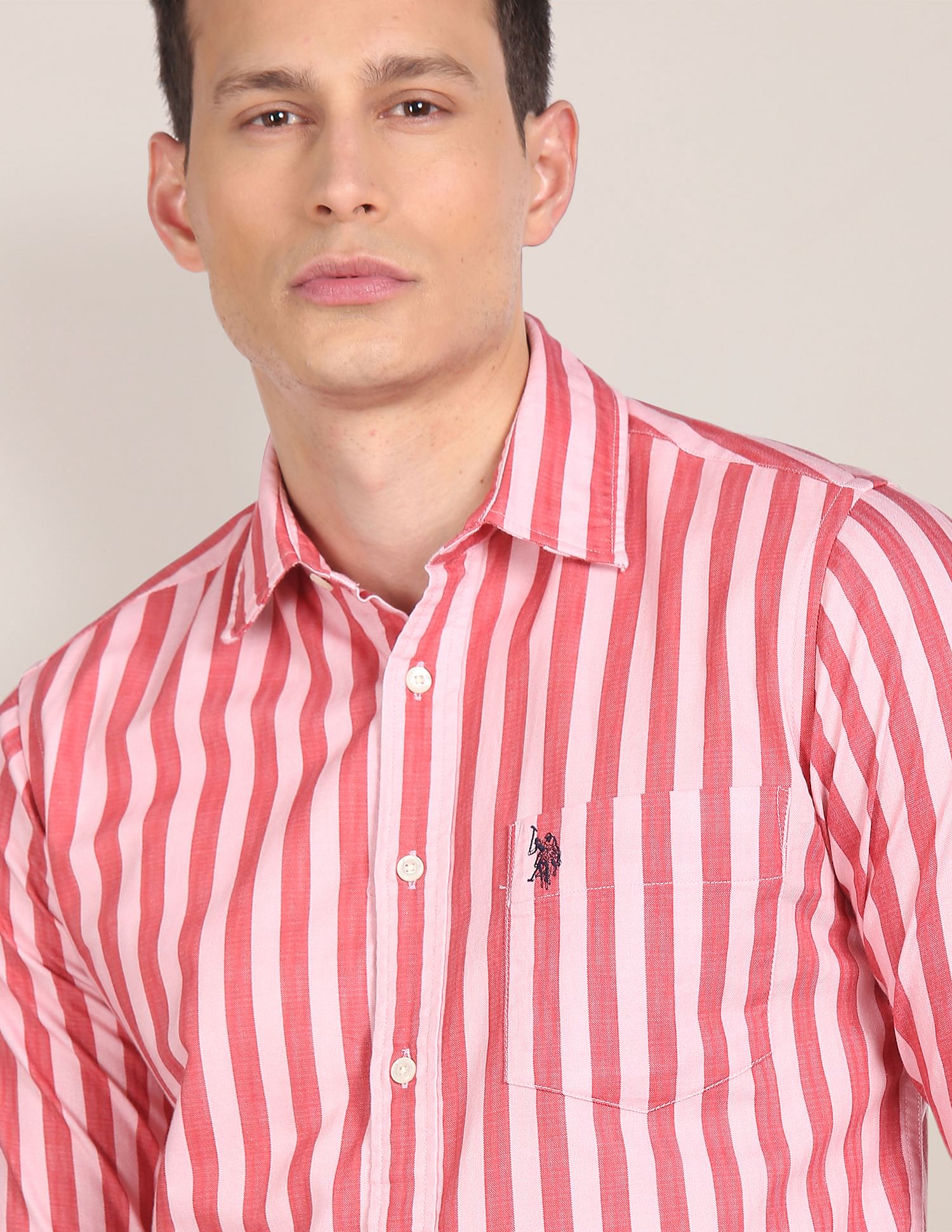 Rounded Cuff Striped Casual Shirt Pink - U.S. POLO ASSN. | Large