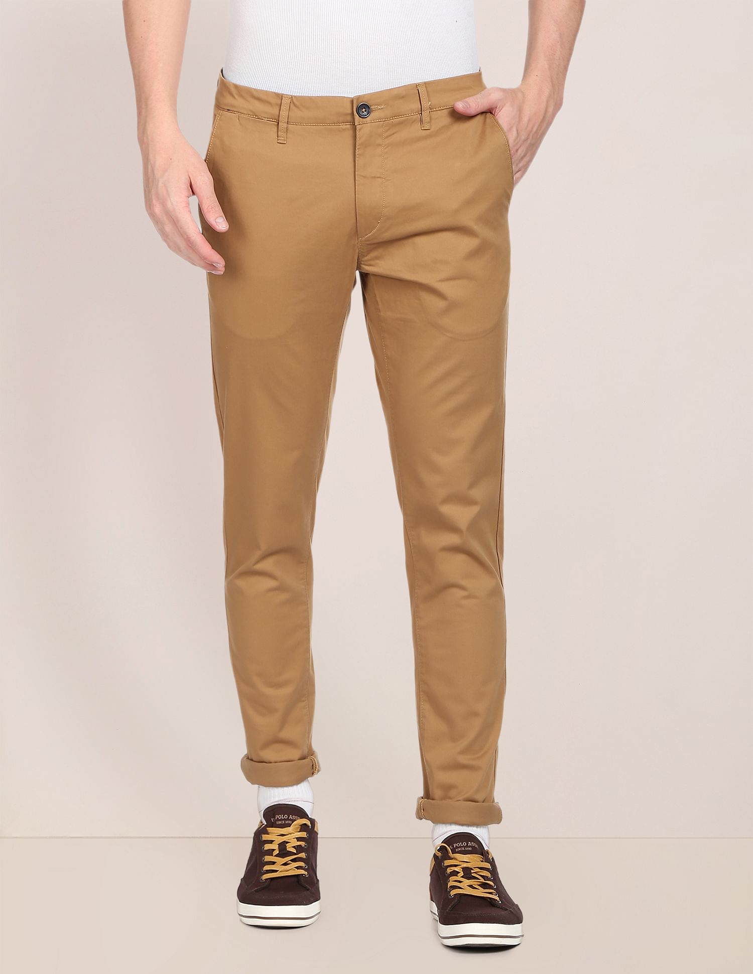 Mid Rise Solid Casual Trousers Khaki - U.S. POLO ASSN. | Large