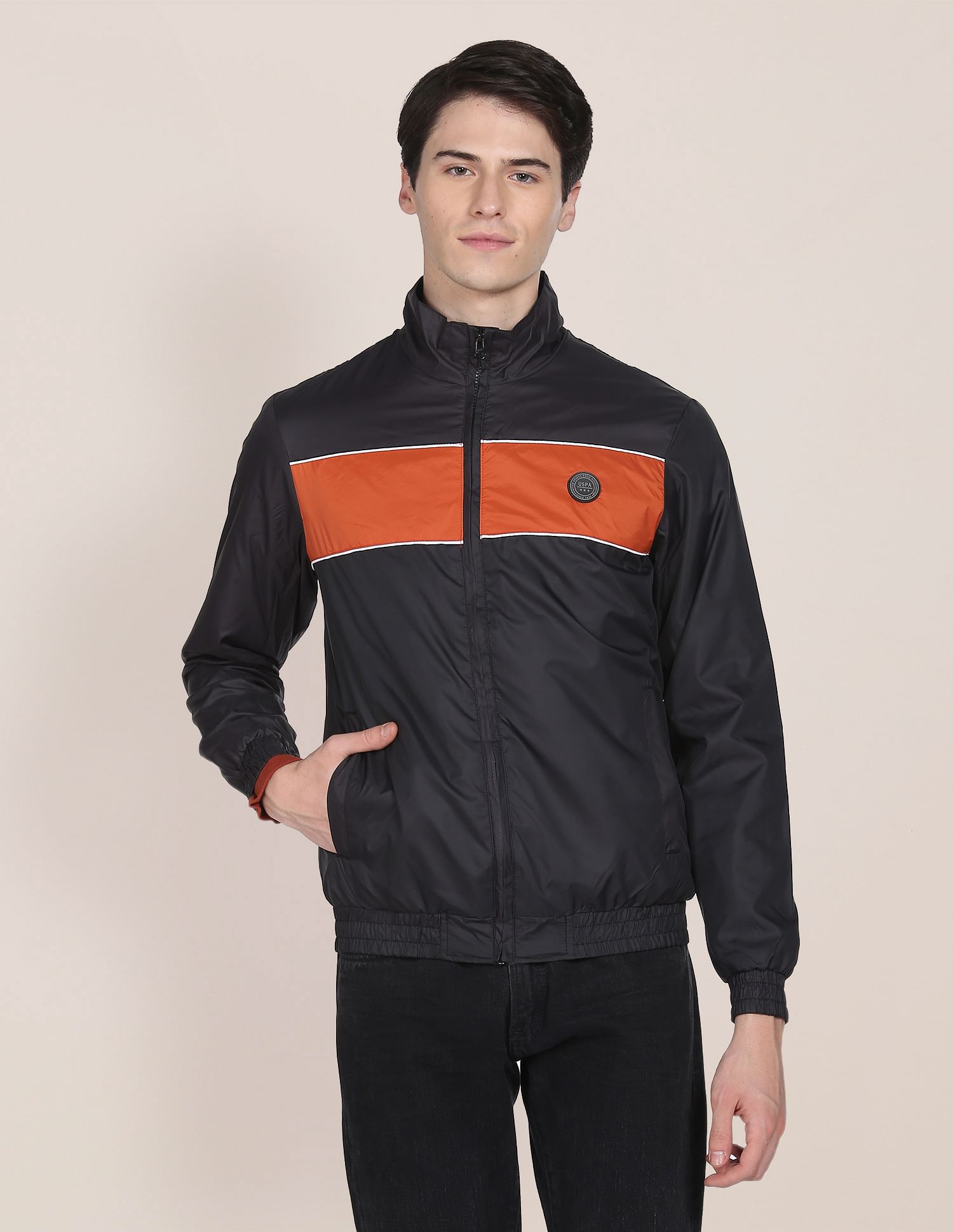 Men Black Colour Block Polyester Casual Jacket Black - U.S. POLO ASSN. | Large