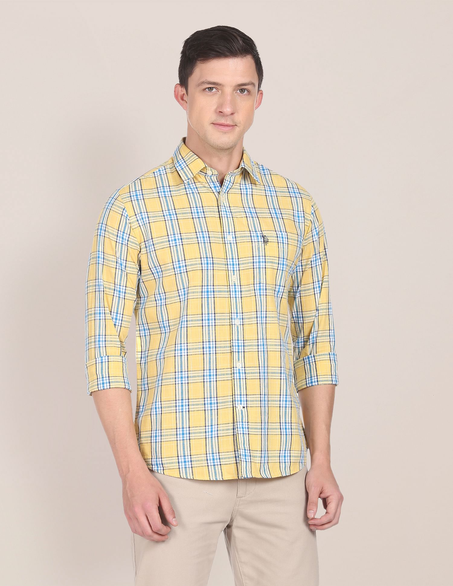 Men Yellow Tartan Check Cotton Casual Shirt Yellow - U.S. POLO ASSN. | Large