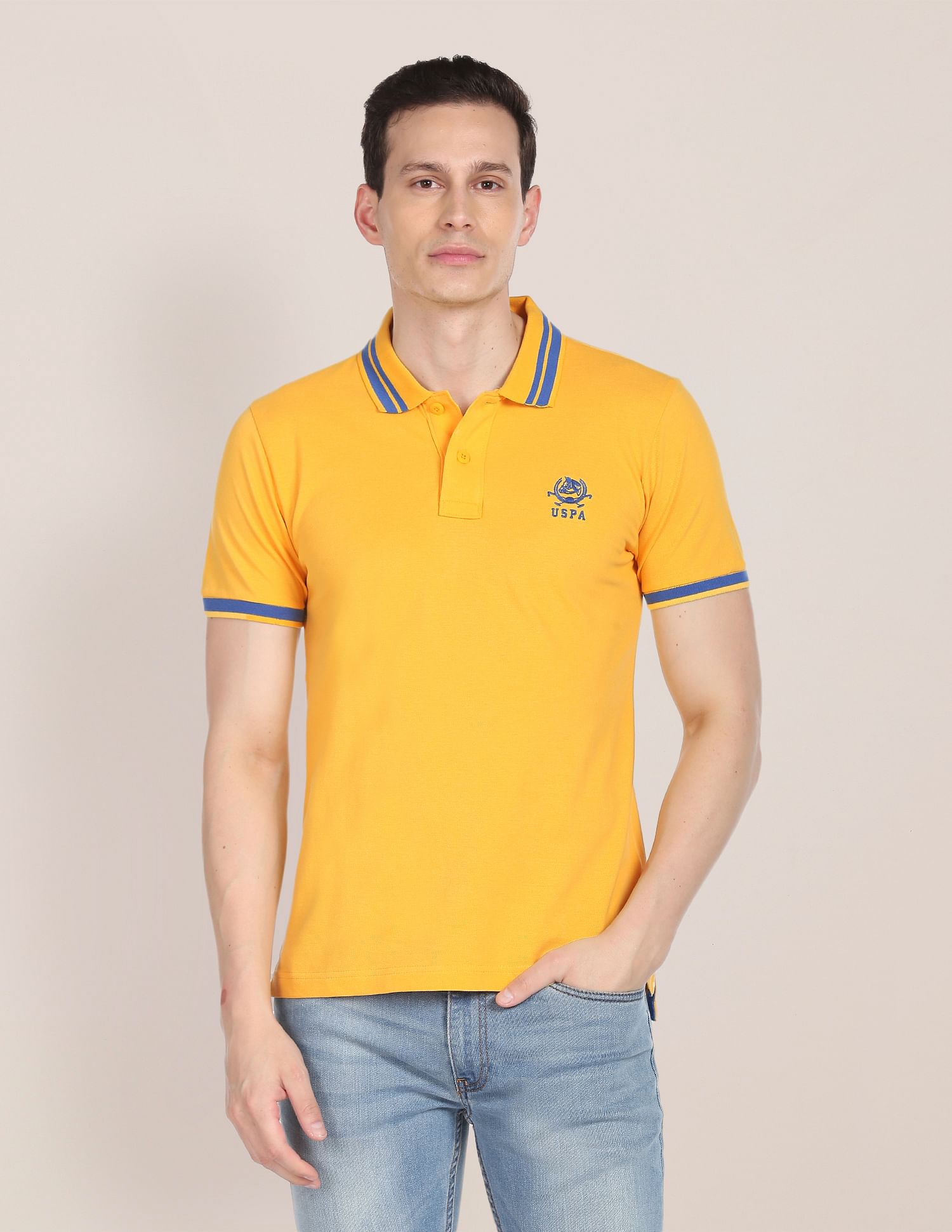 Striped Collar Cotton Pique Polo Shirt Yellow - U.S. POLO ASSN. | Large