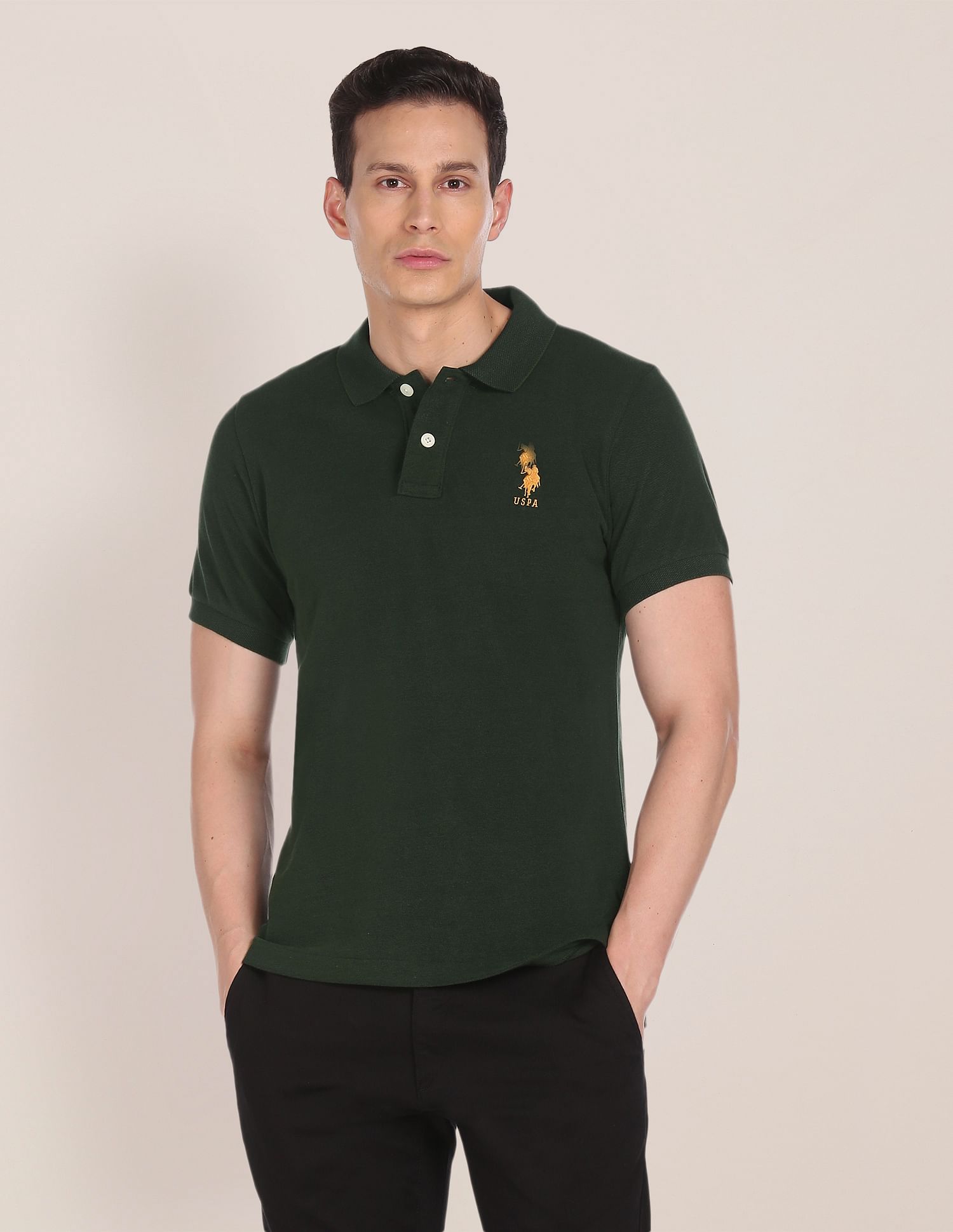 Pure Cotton Solid Polo Shirt Dark Green - U.S. Polo Assn. India | Large