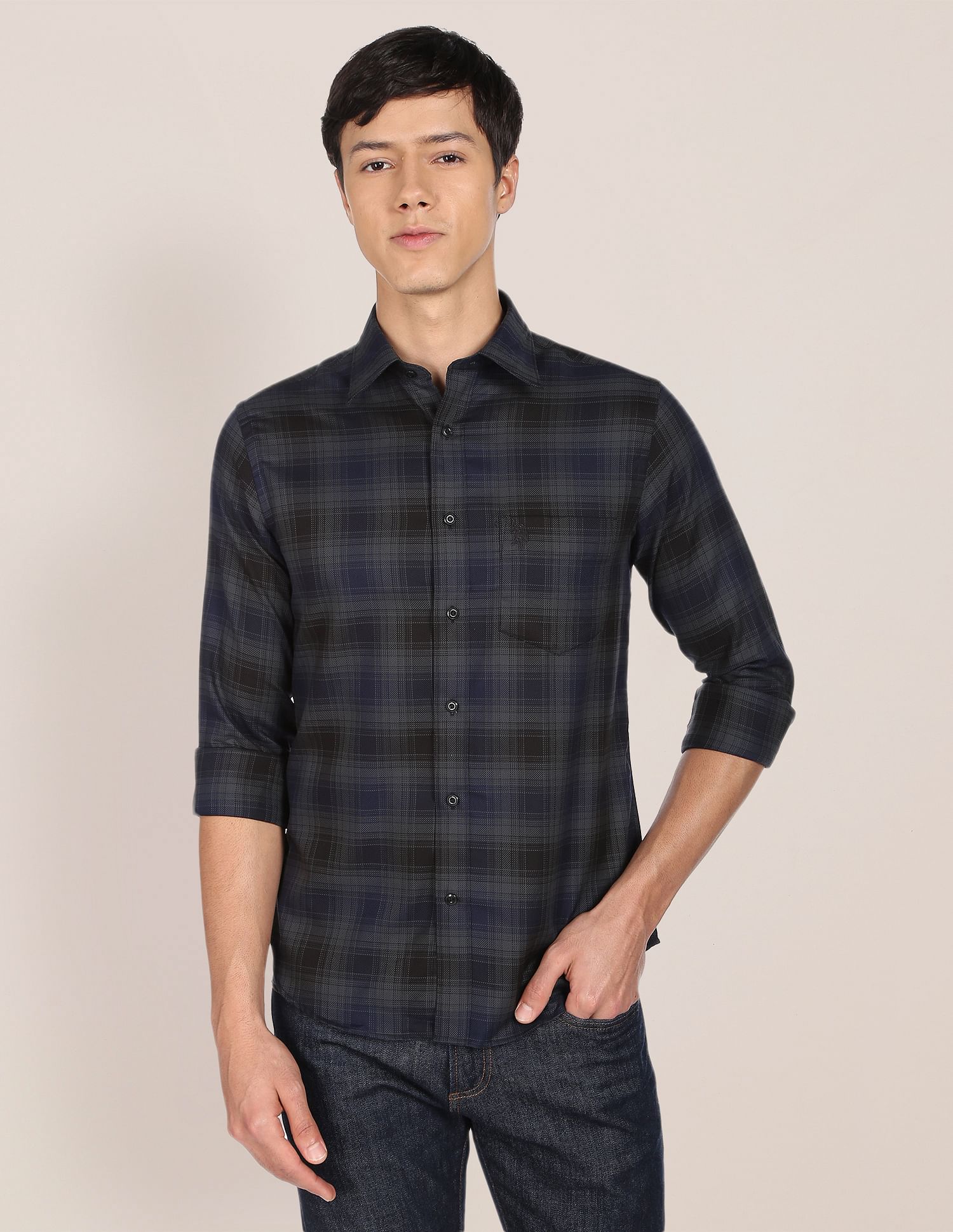 Patterned Weave Cotton Casual Shirt Dark Grey - U.S. Polo Assn. India | Large
