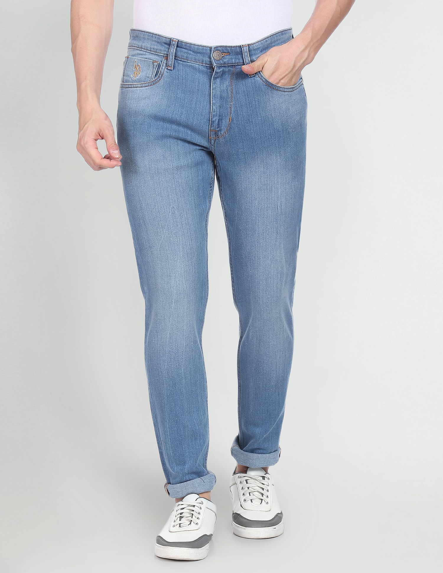 Men Blue Brandon Slim Tapered Fit Stone Wash Jeans Blue - U.S. Polo Assn. India | Large