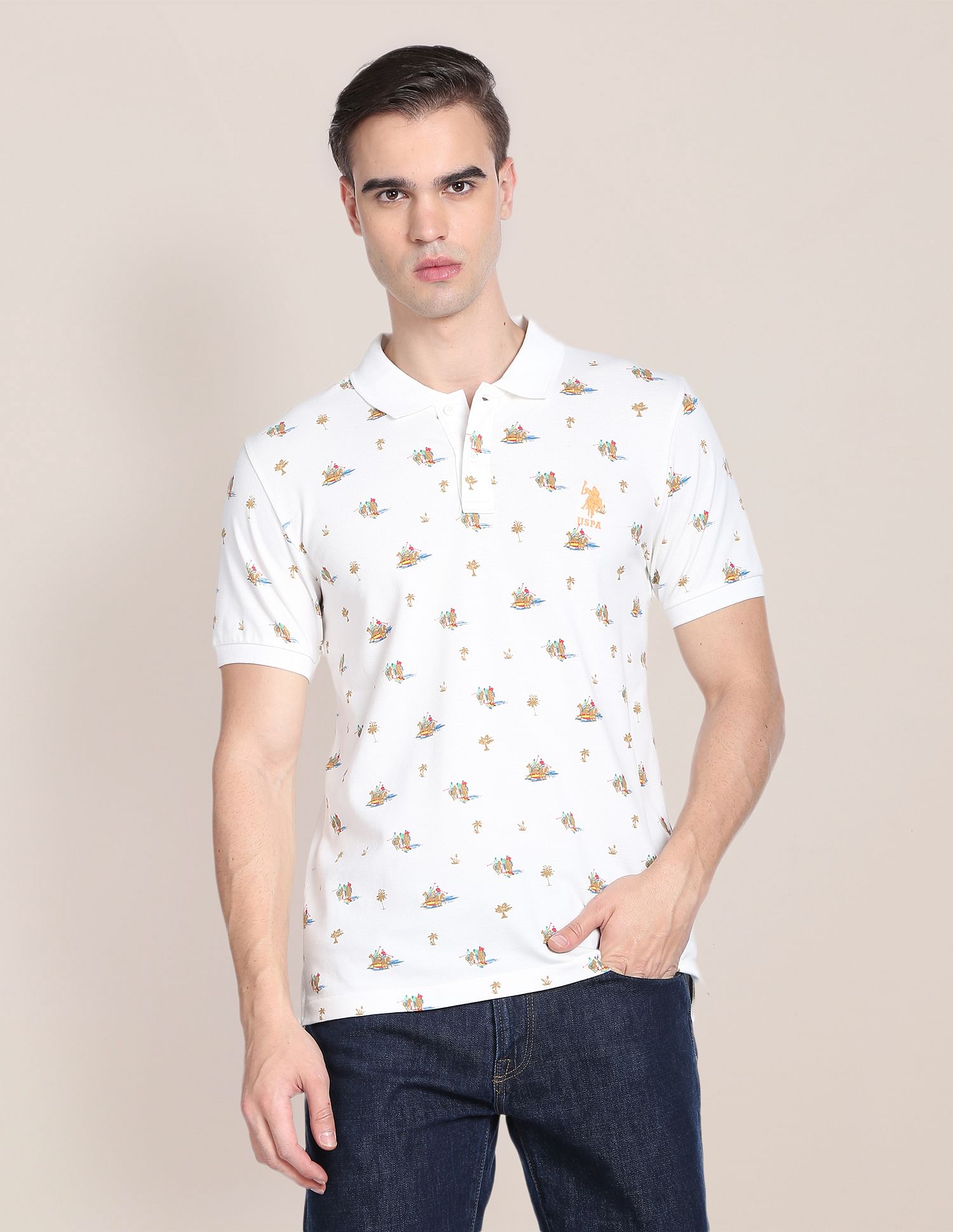 Motif Print Knit Polo Shirt Off White - U.S. Polo Assn. India | Large