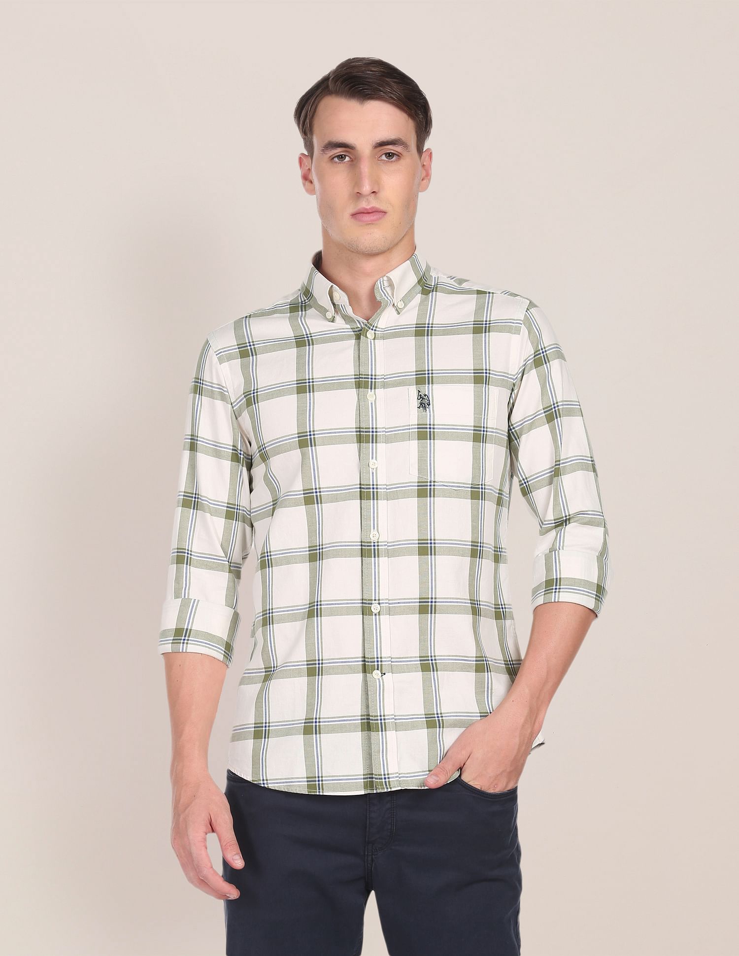 Men White and Green Cotton Plaid Check Casual Shirt White and Green - U.S. Polo Assn. India | Large