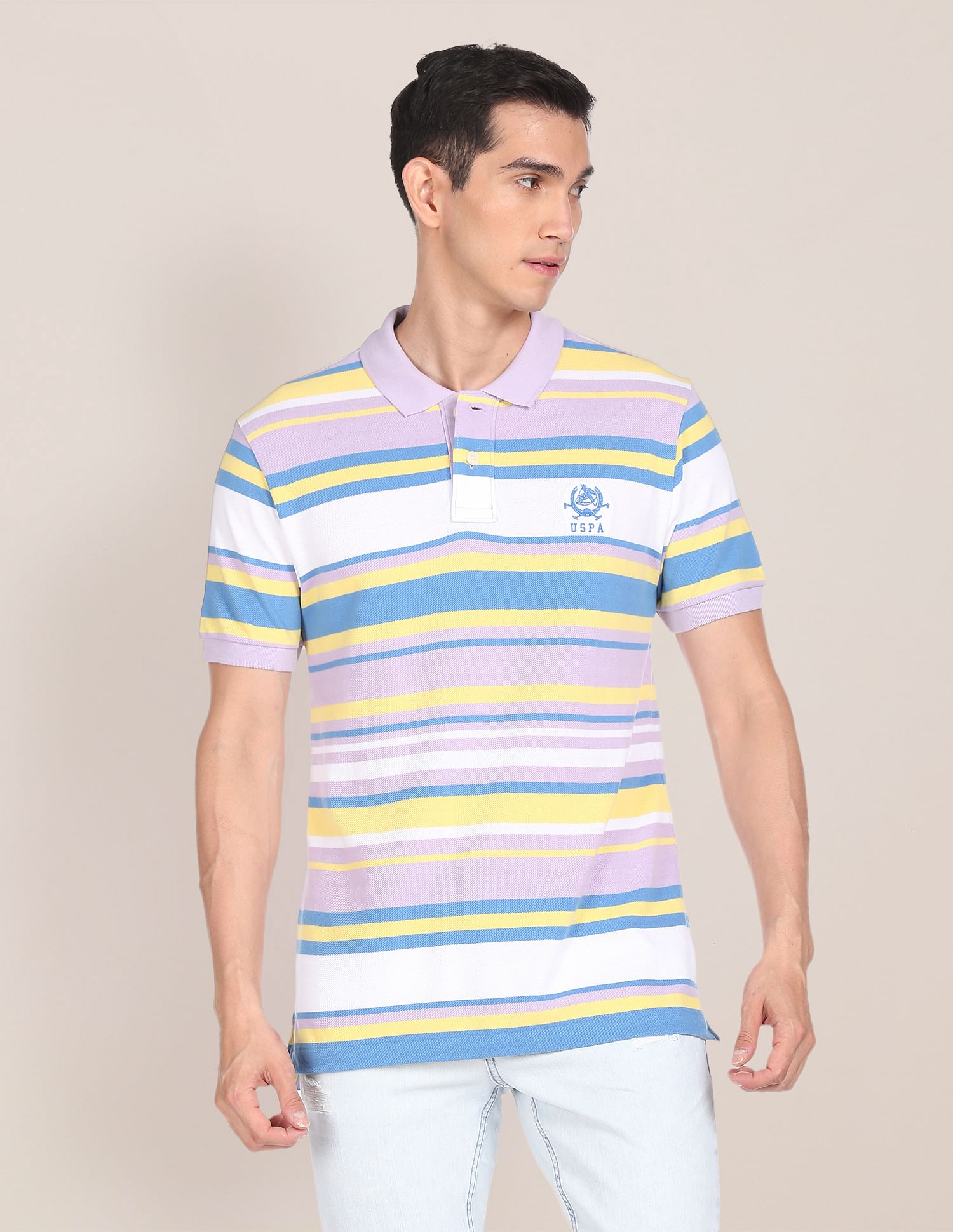 Men Light Purple Cotton Striped Logo Polo Shirt Light Purple - U.S. POLO ASSN. | Large
