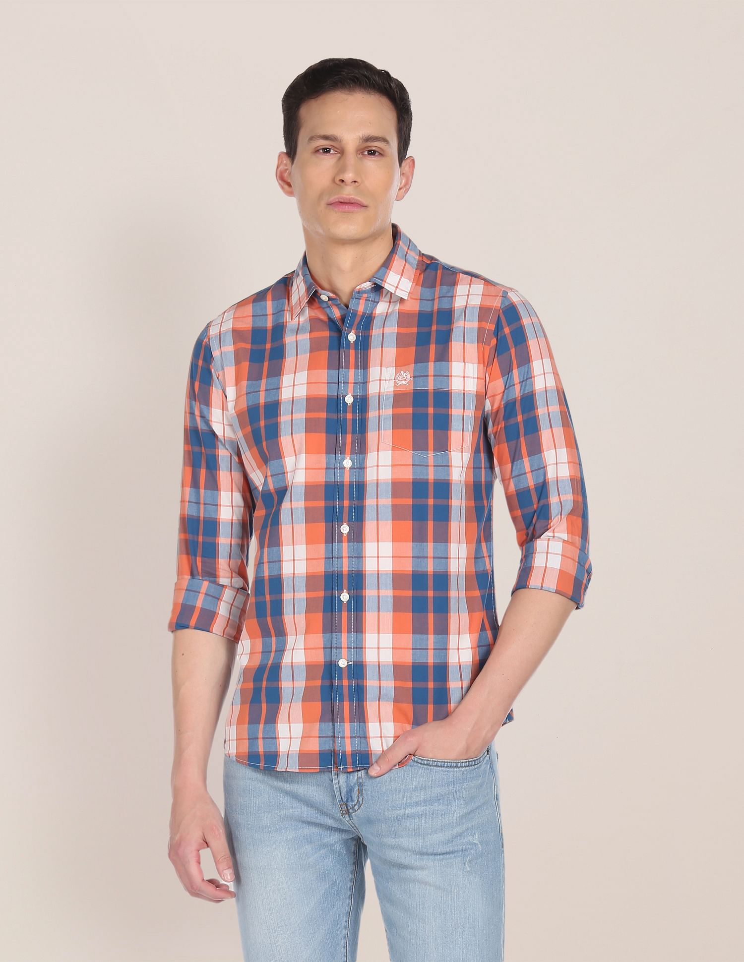 Patch Pocket Check Casual Shirt Orange and Blue - U.S. Polo Assn. India | Large
