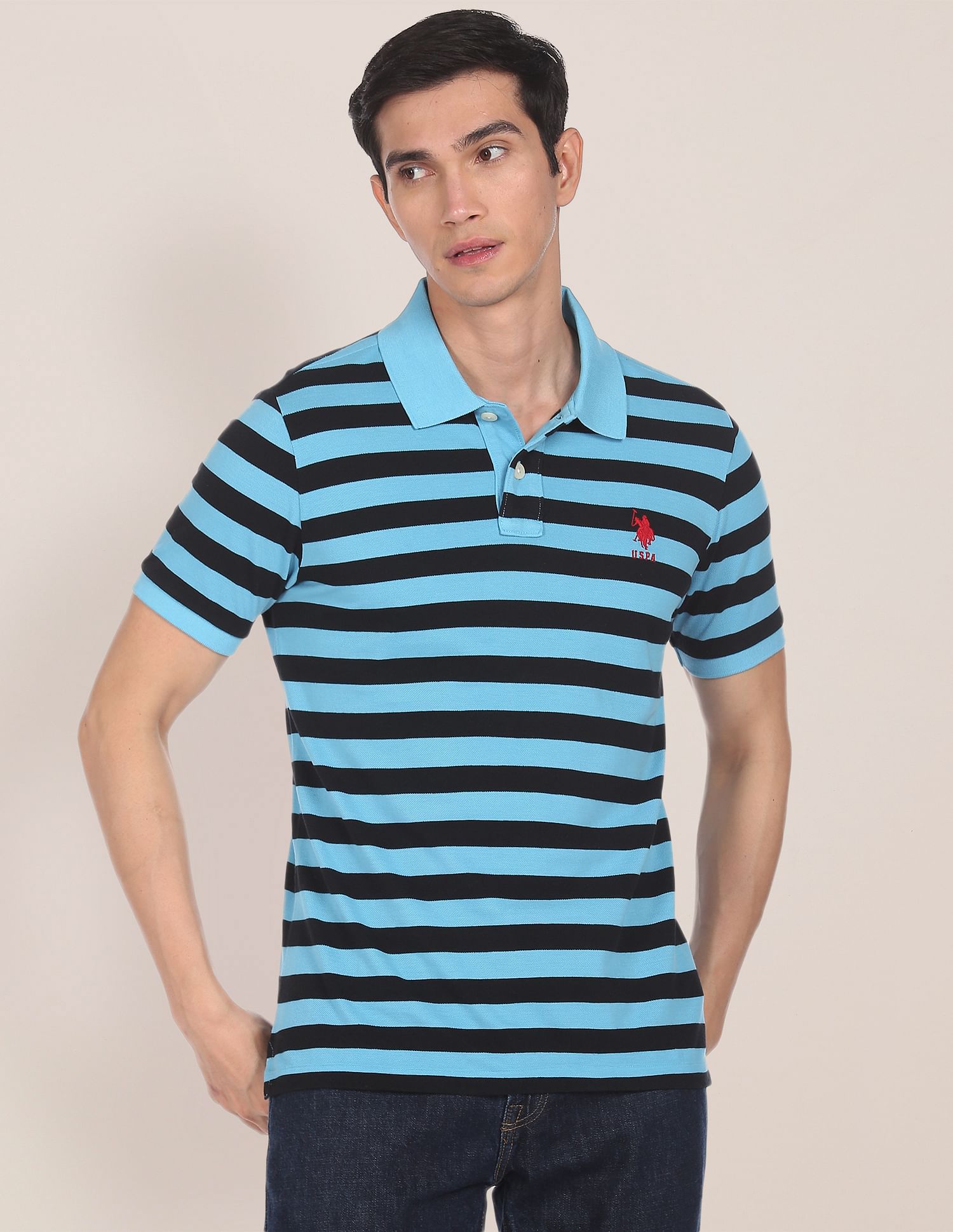 Ribbed Collar Striped Polo Shirt Blue - U.S. Polo Assn. India | Large