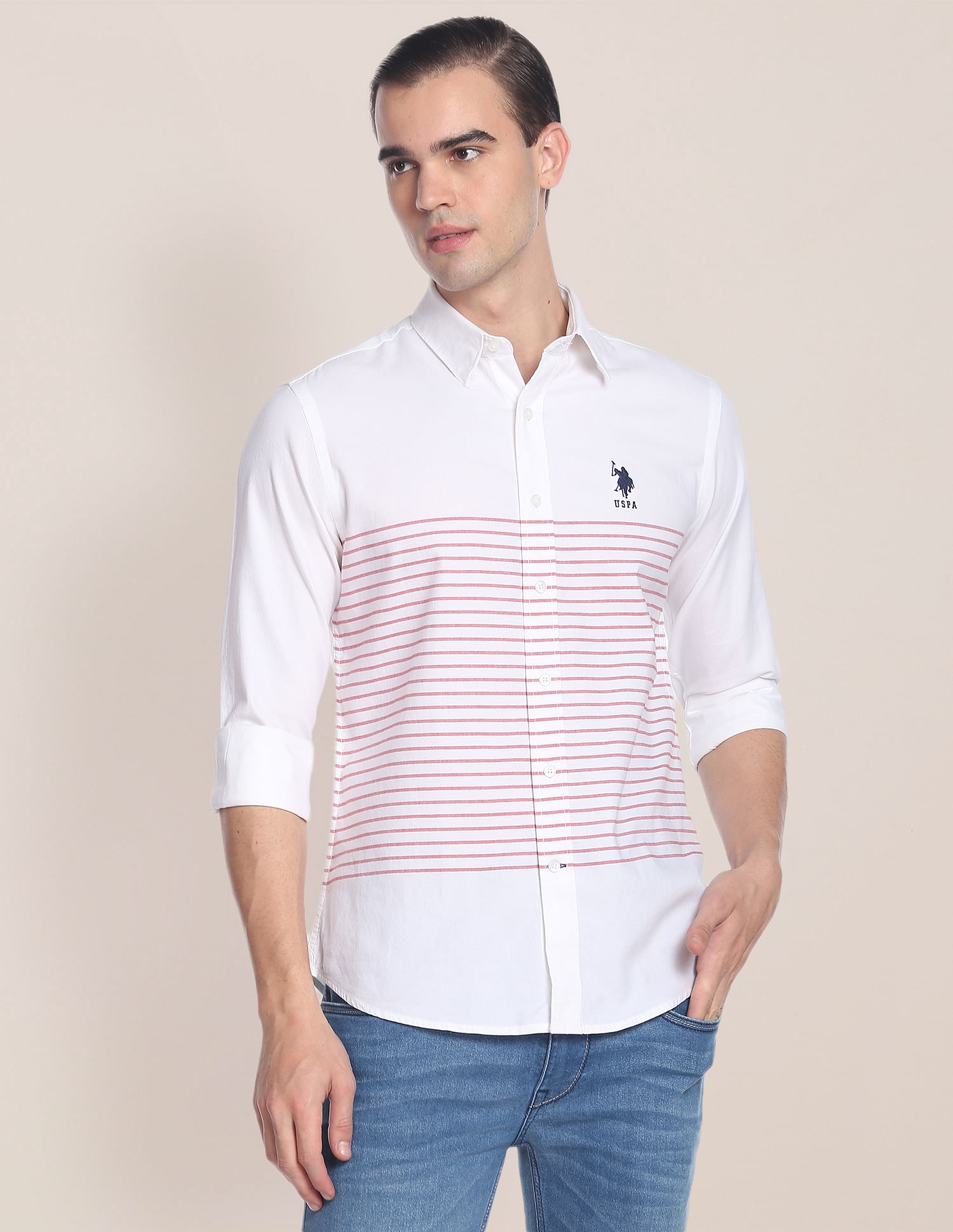 Signature Engineered Stripe Dobby Shirt White - U.S. Polo Assn. India | Large
