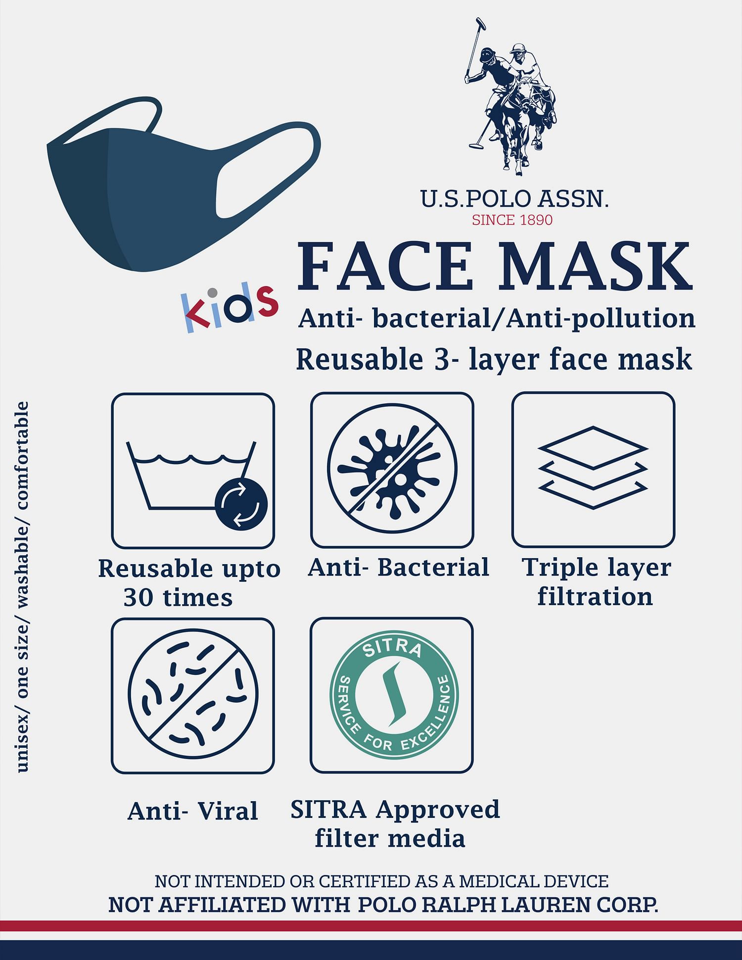 Unisex Kids Triple Layer Antiviral Outdoor Face Masks - Pack Of 3 Red - U.S. POLO ASSN. | Large