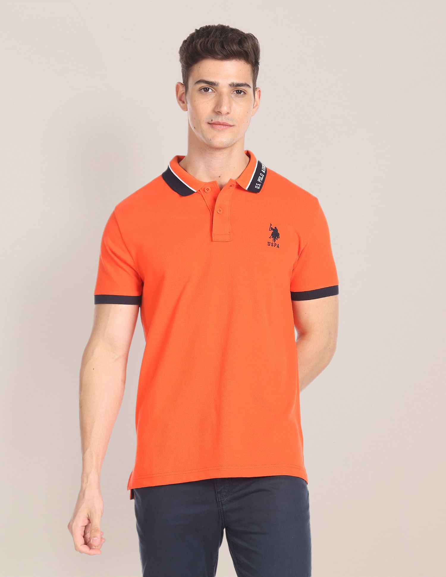 Branded Collar Pique Polo Shirt Orange - U.S. POLO ASSN. | Large