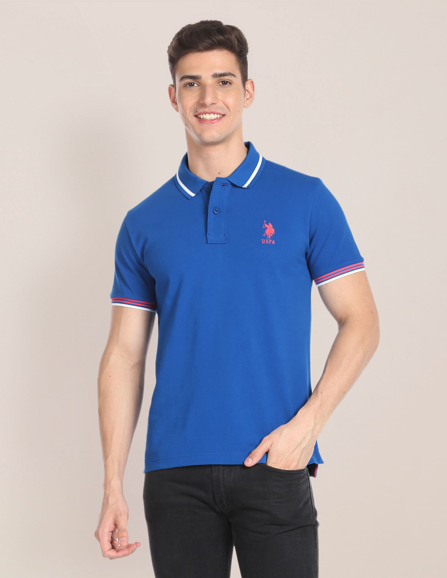 Striped Collar Pique Polo Shirt Blue - U.S. POLO ASSN. | Large