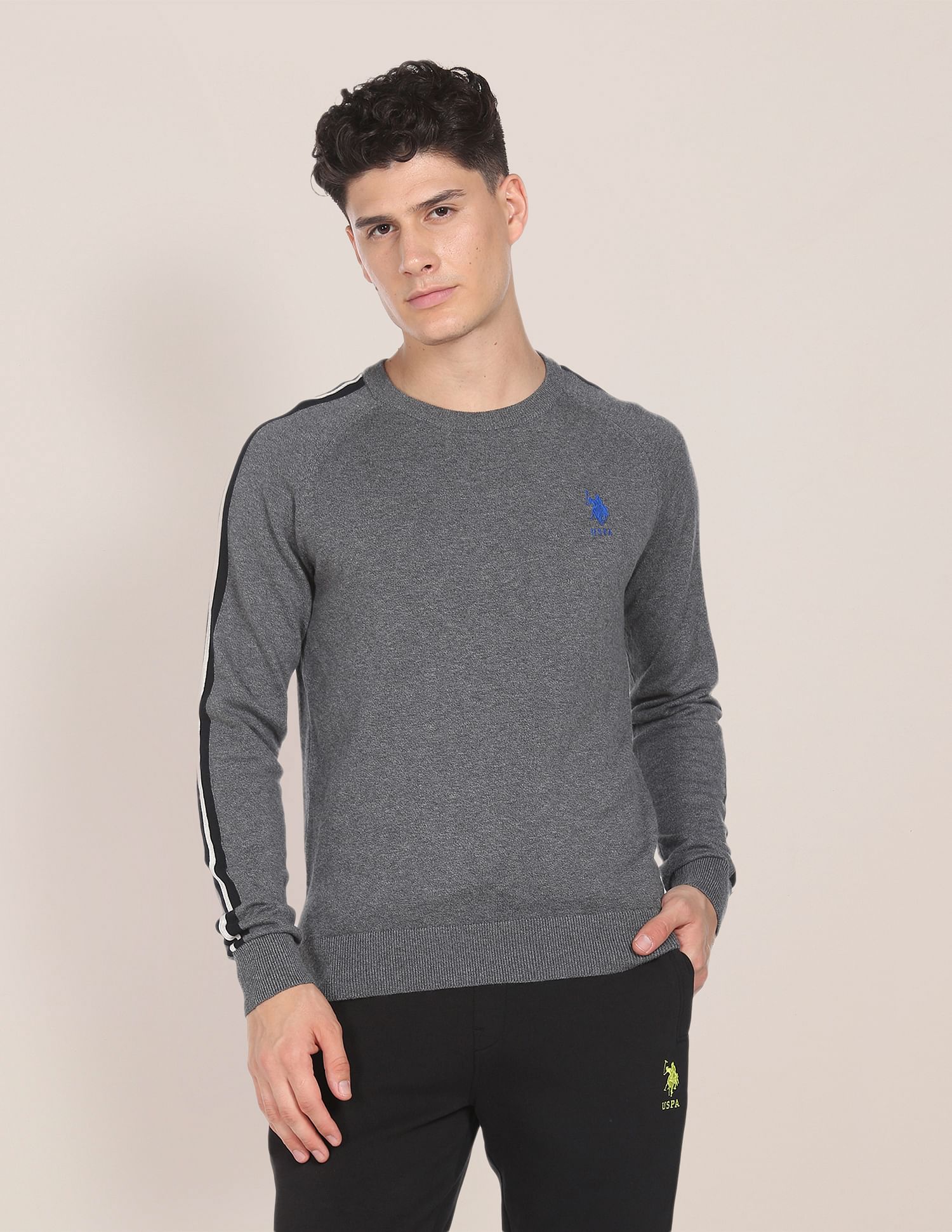Striped Sleeve Heathered Sweater Grey - U.S. Polo Assn. India | Large